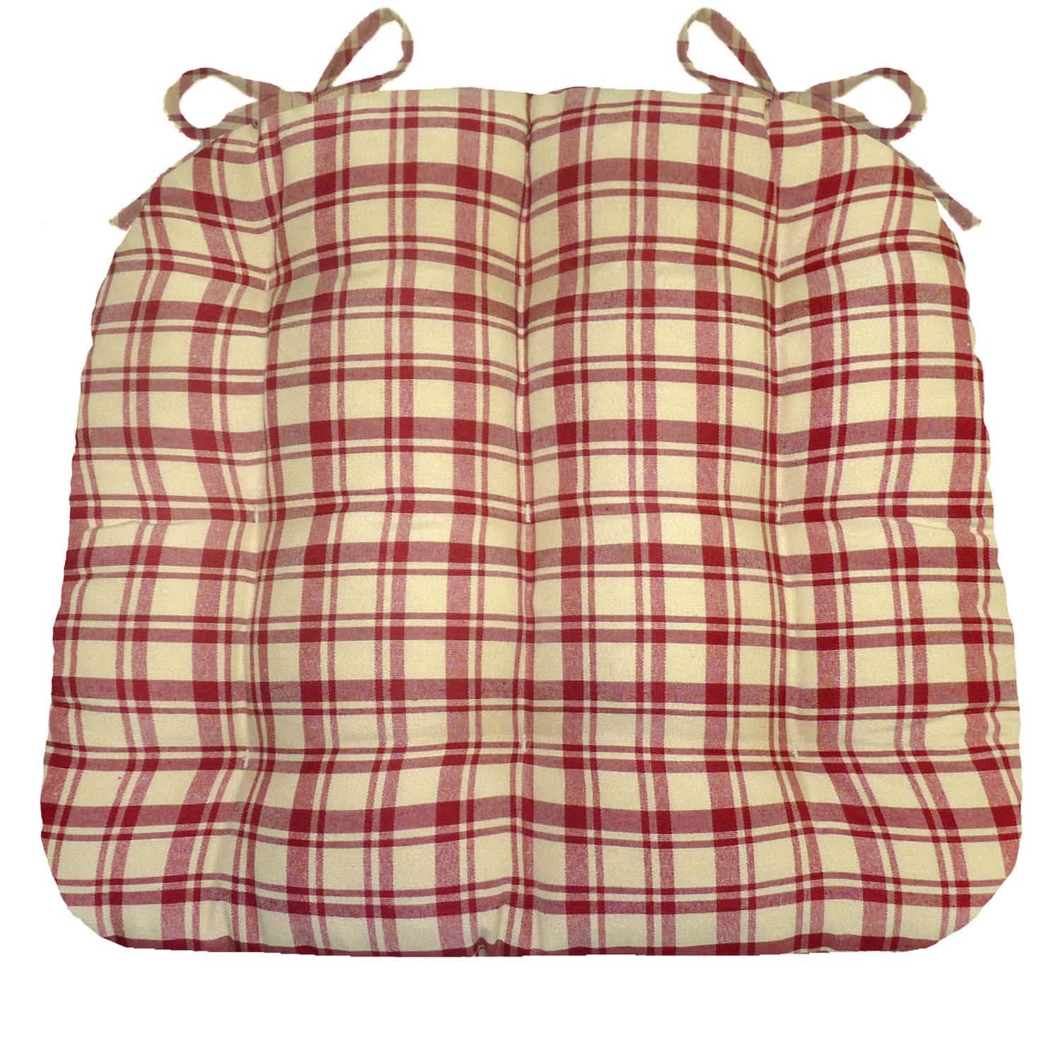Montgomery Red Natural Plaid Dining Chair Pads with ties, featuring a classic red and natural plaid pattern