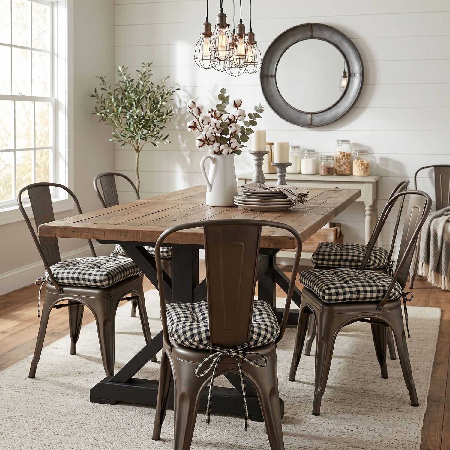 metal farmhouse chairs with checkered cushions in rustic dining room