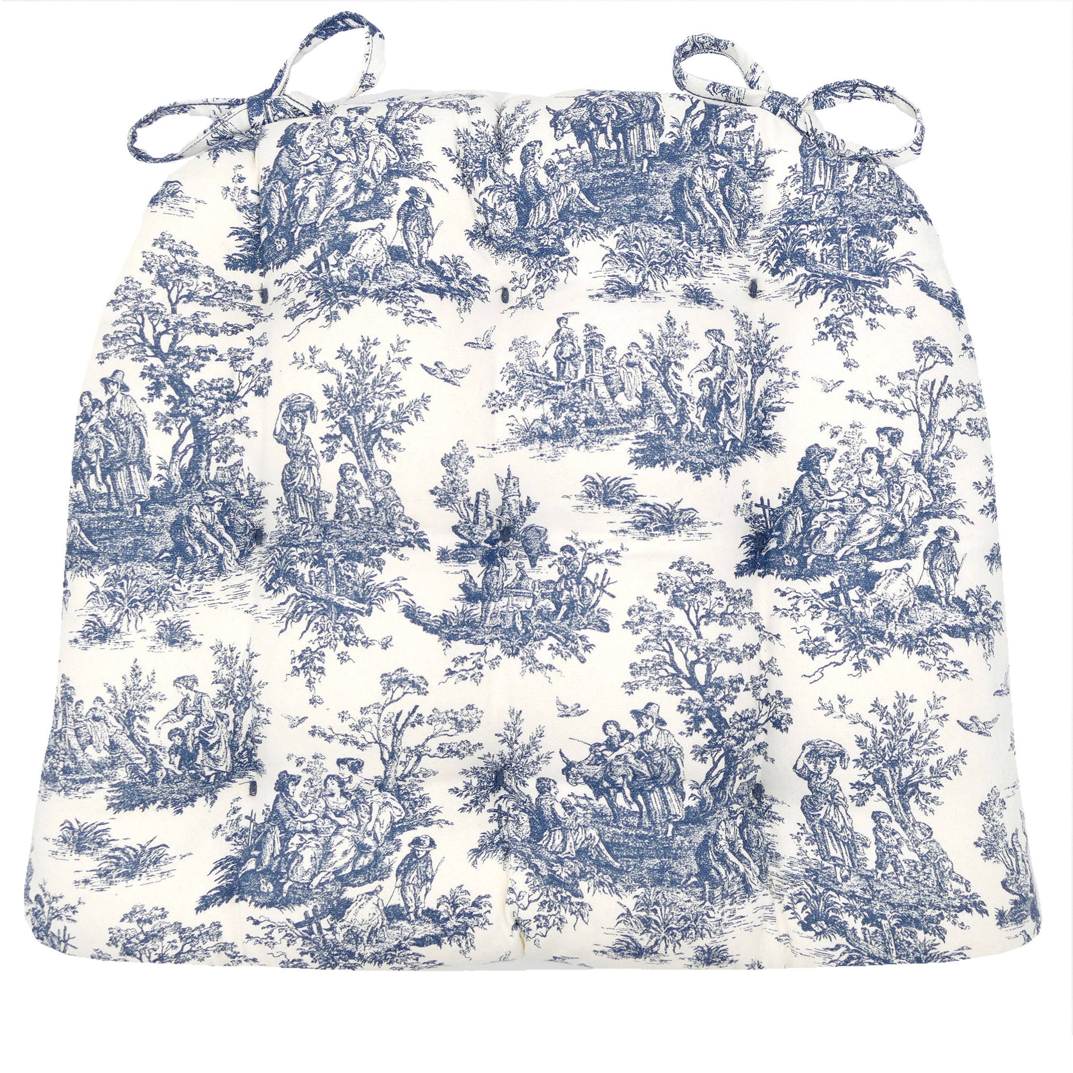 Blue and white toile patterned chair pad on a white background