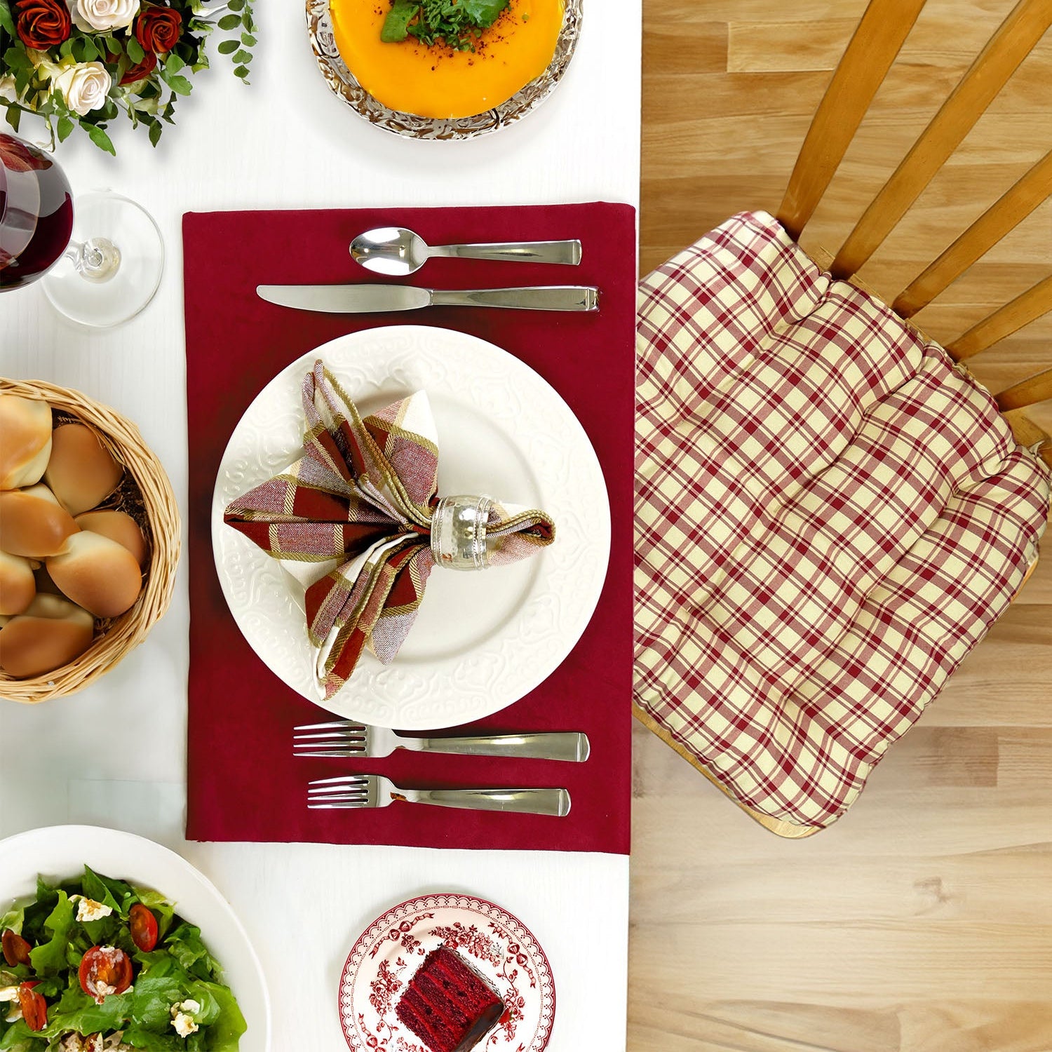 Montgomery Red Natural Plaid Dining Chair Pads - Never Flatten Chair Cushion