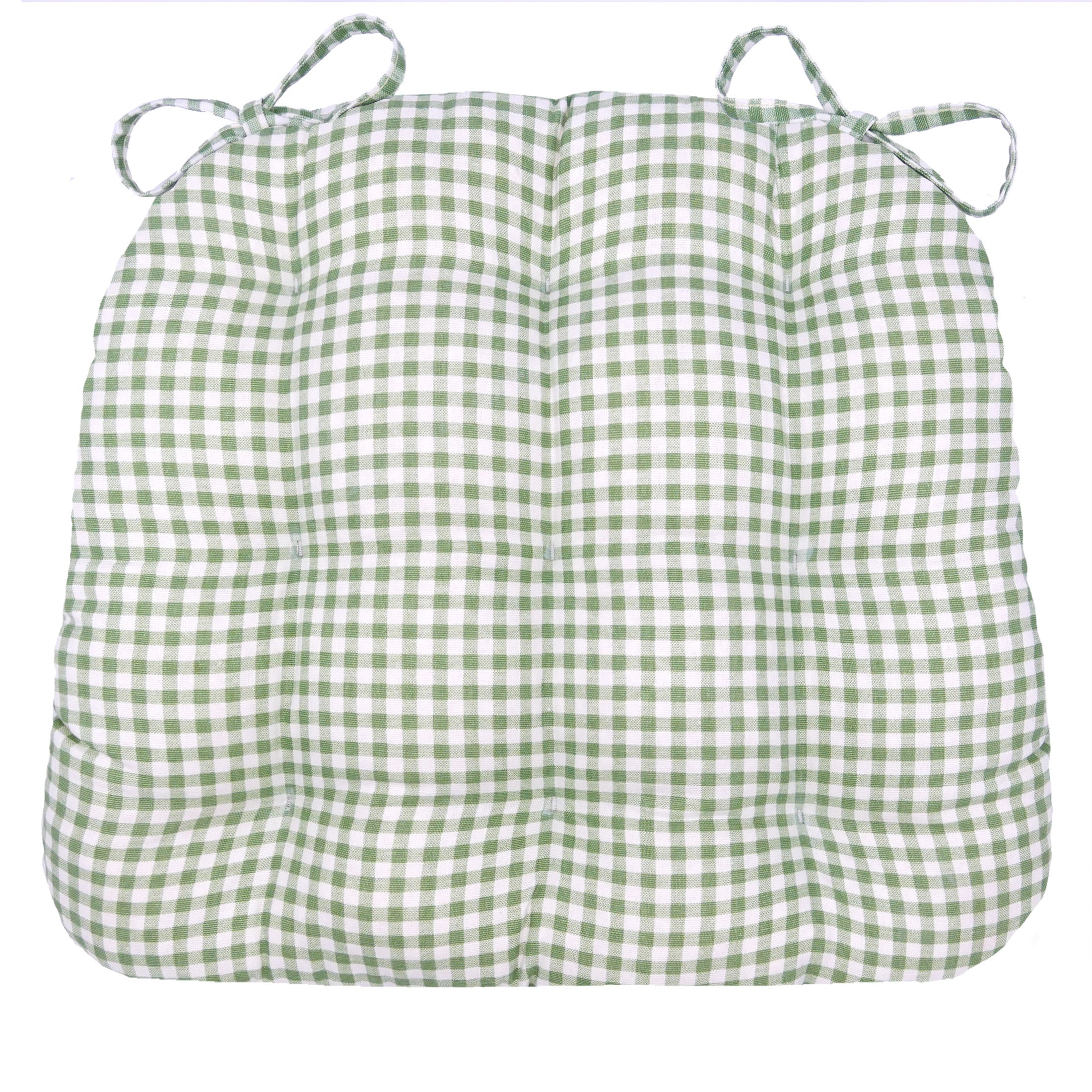 Madrid sage green and white gingham dining chair pad with tufted design and tie strings, showing reversible cotton fabric construction