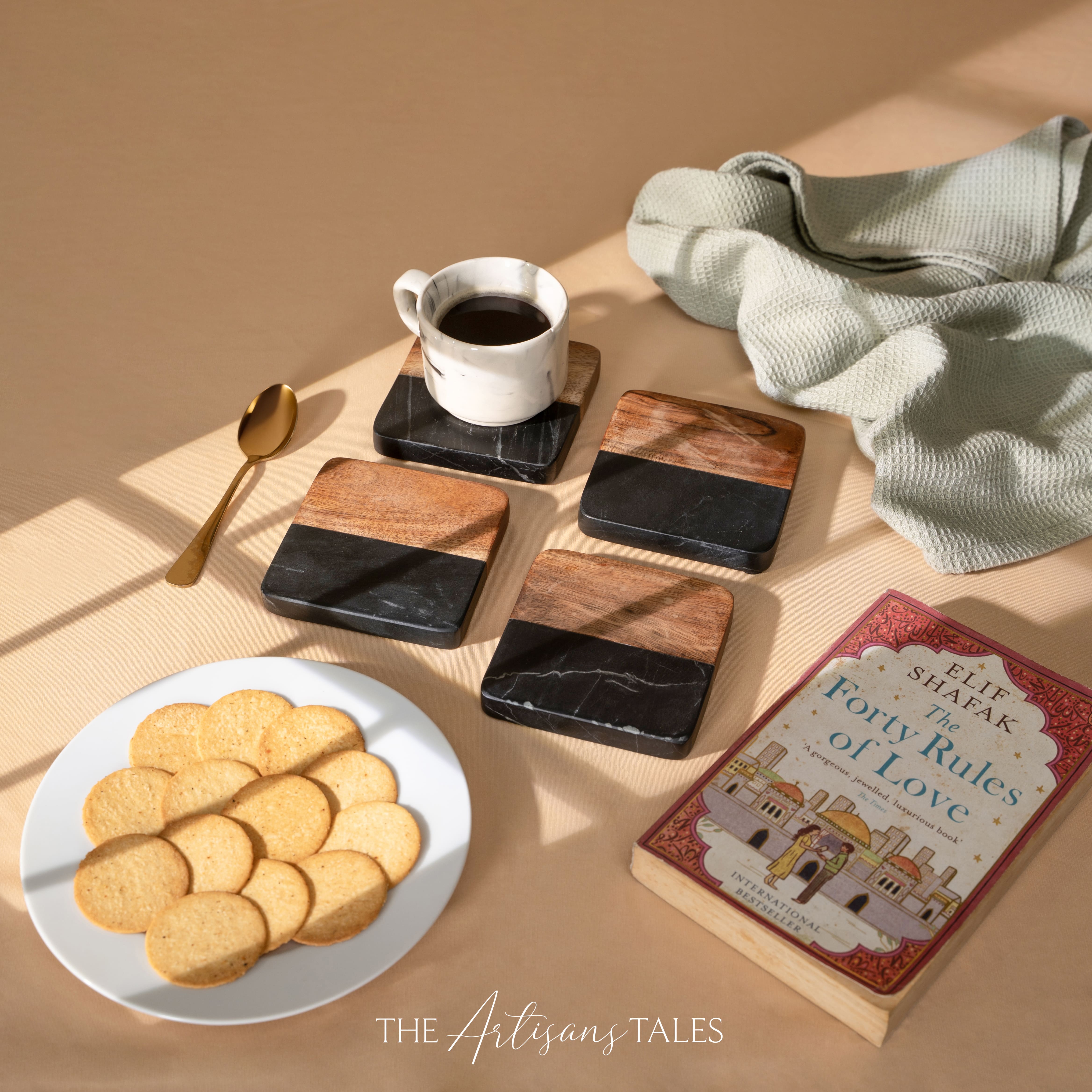 Black Artisan Marble & Wood Coasters - Set of 4, Square