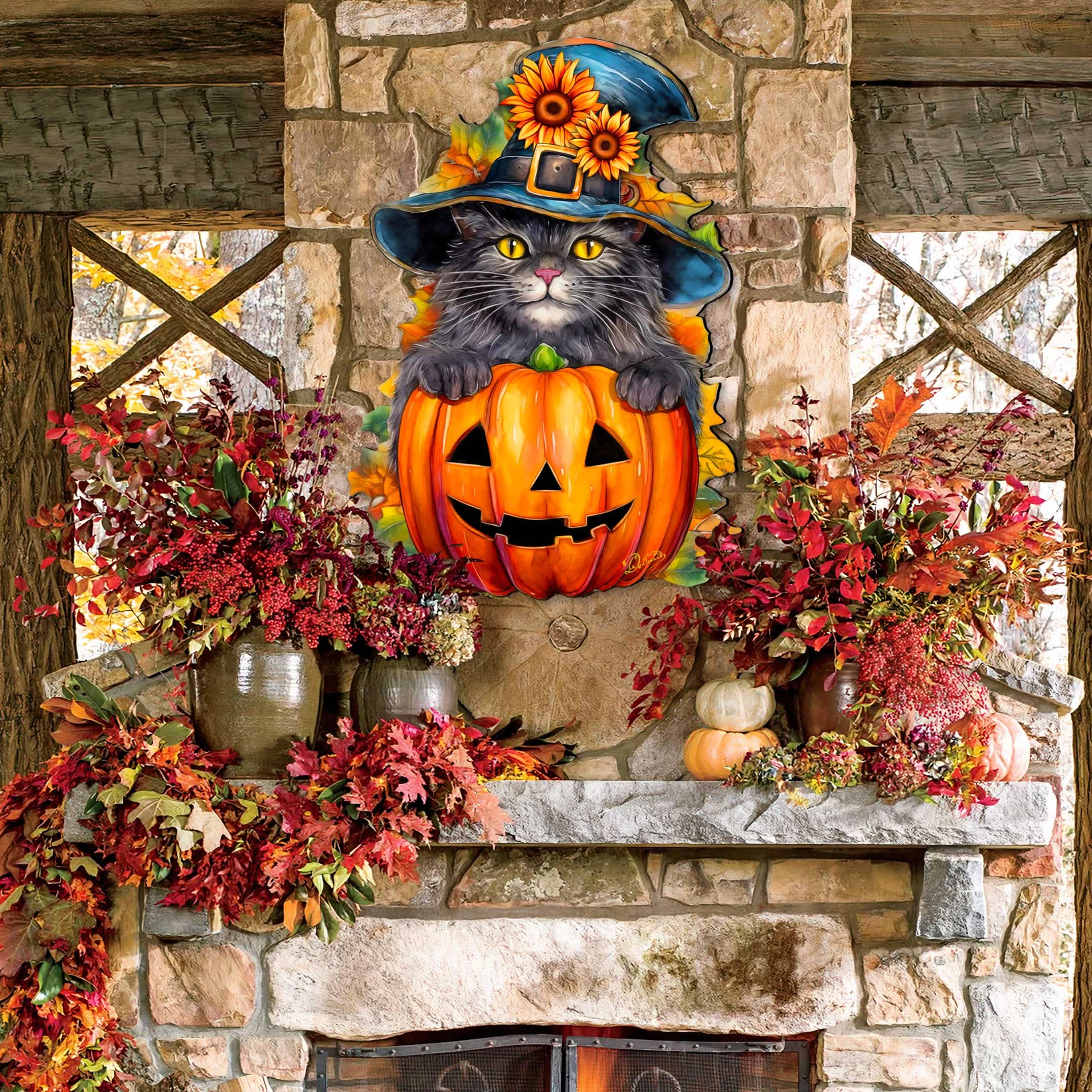Black Cat Pumpkin Halloween Door Decor - Holiday Door Hanger