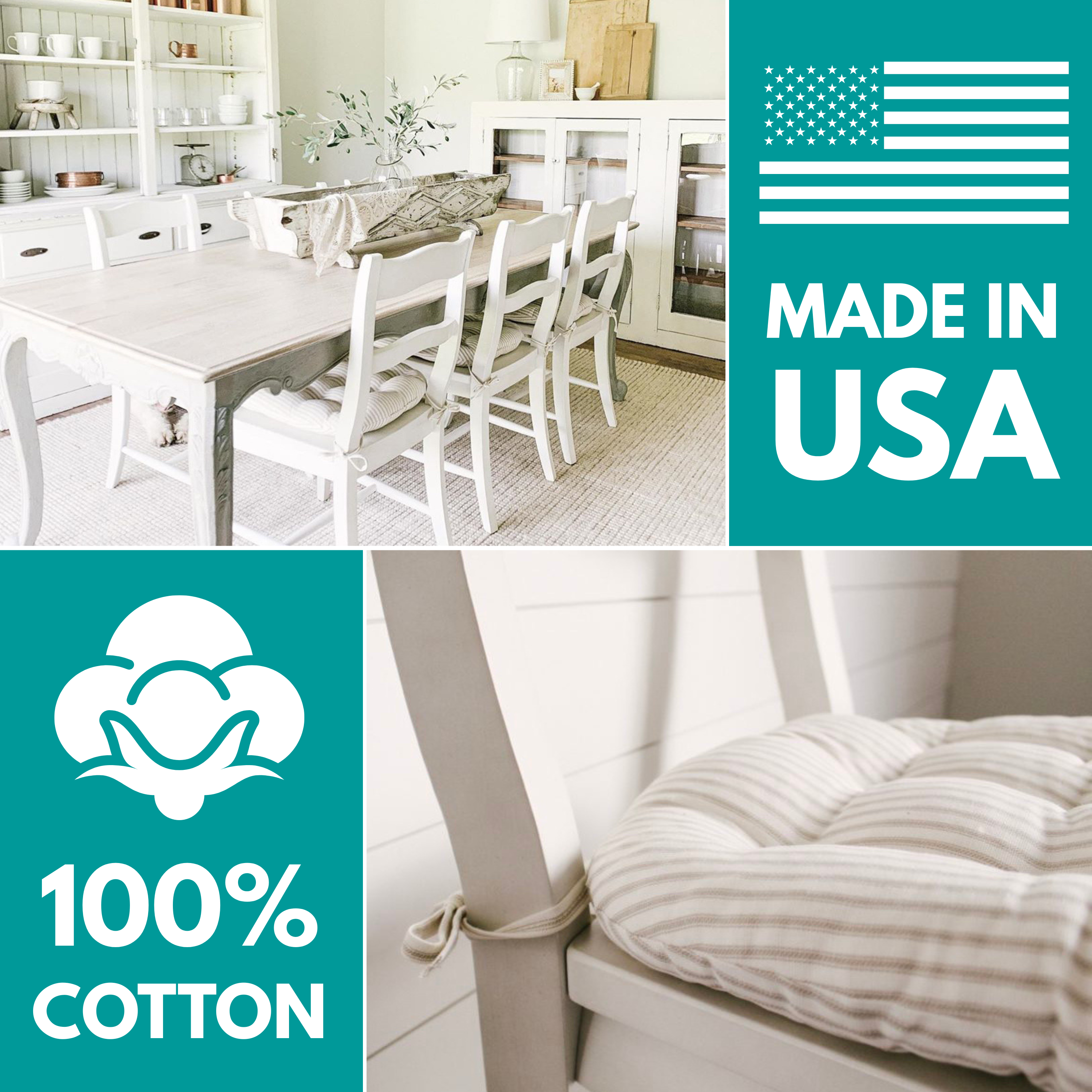 Dining Chair Cushion with Ties - 100% Cotton, Machine Washable, Made in USA - Americana Kitchen Chair Cushions U-Shaped