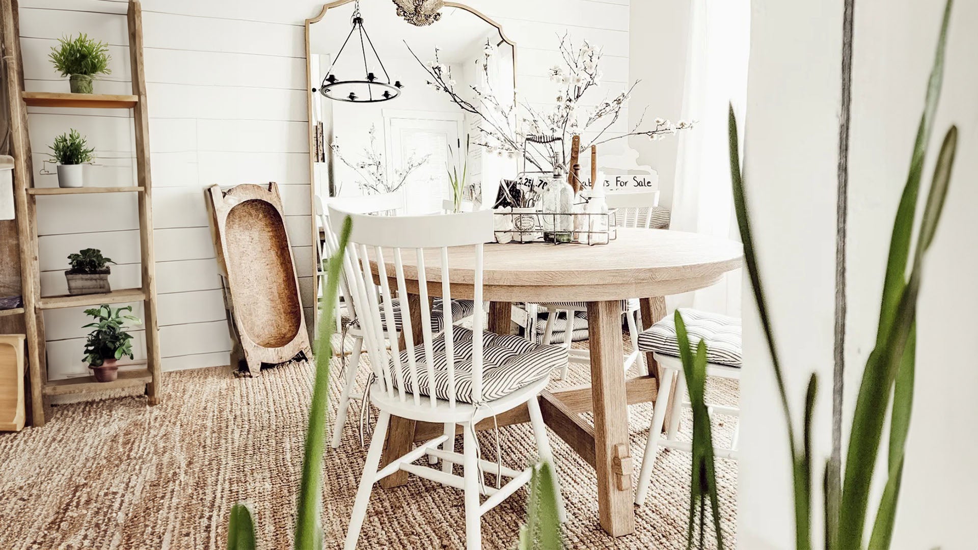 striped dining chair cushions on sale for spring at a rustic dining room table