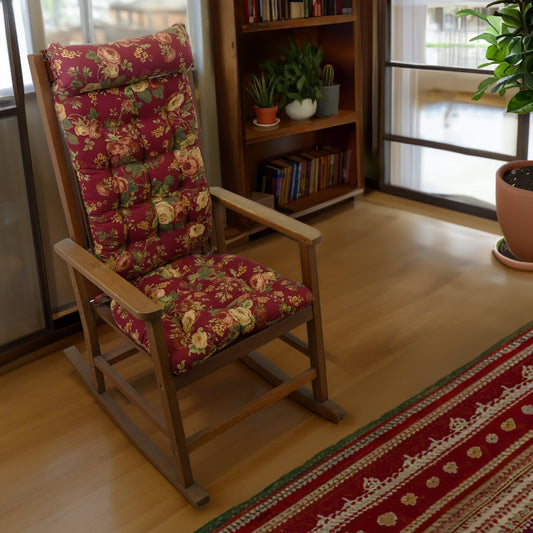red floral rocking chair cushions on wooden rocker with headrest pillow