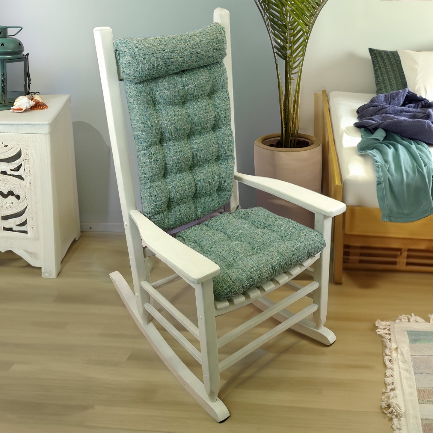 seaglass rocking chair cushions in coastal cottage with day bed and beach decor