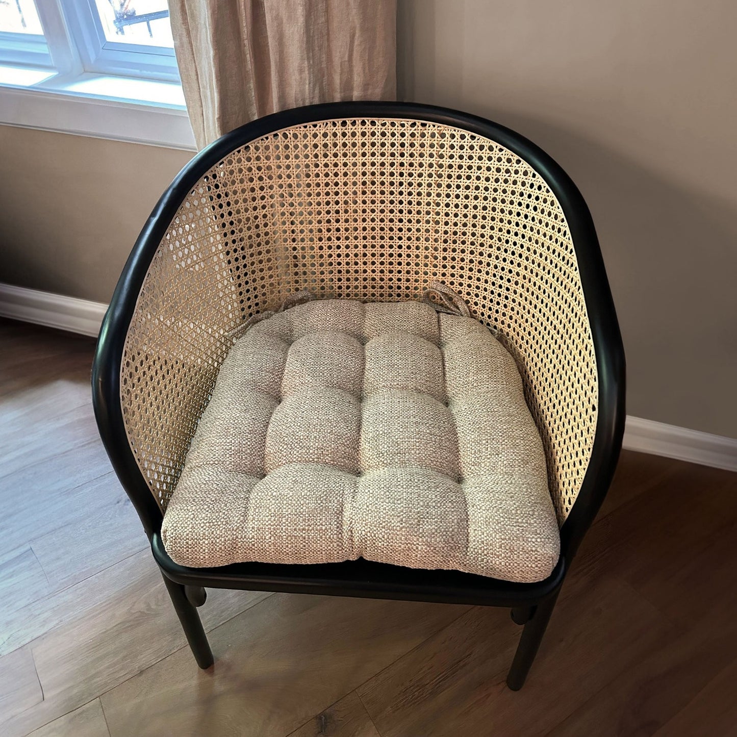 neutral colored wicker chair cushion woven upholstery