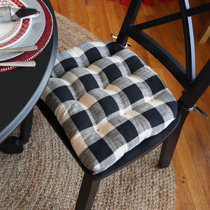 buffalo check dining room chair cushions on black chairs in formal dining room
