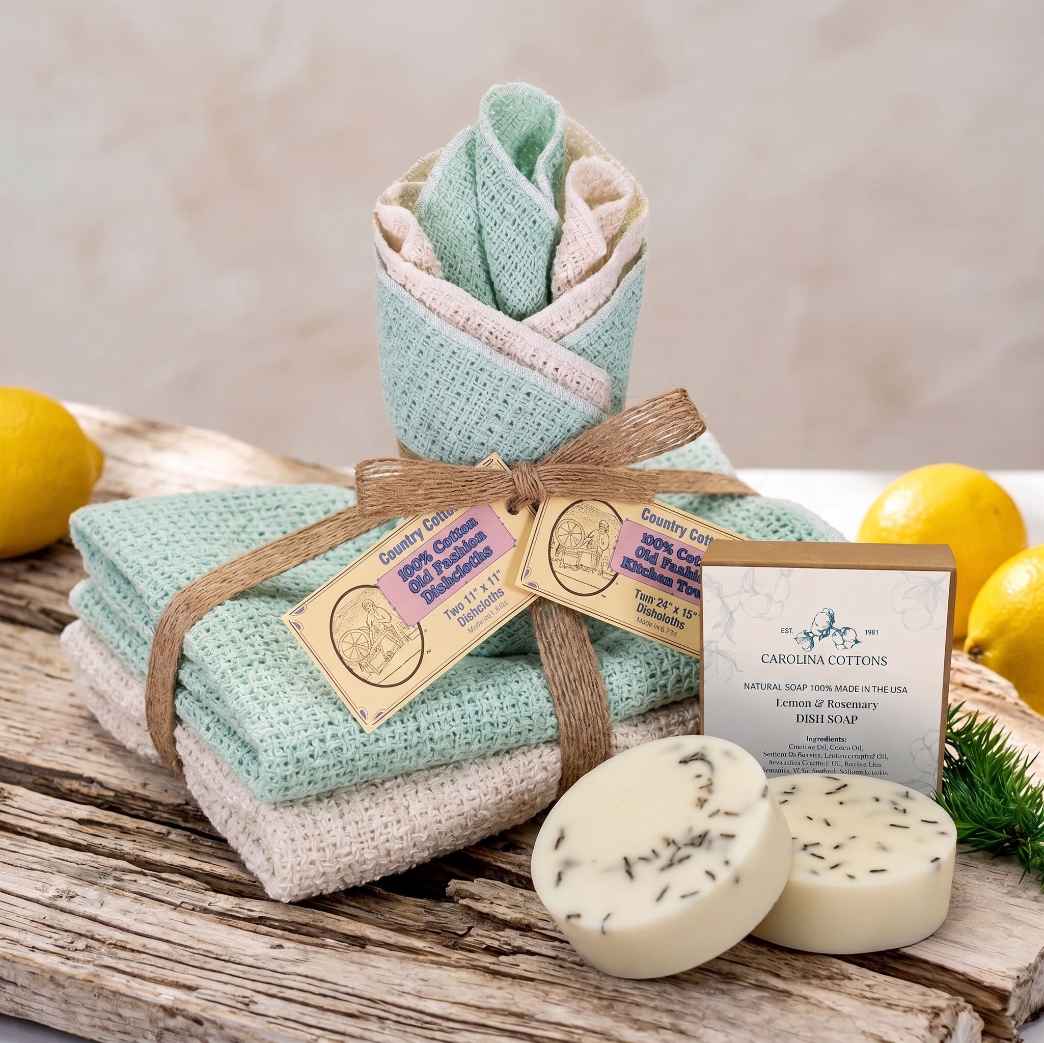 Starter Kit 100% Cotton Dishcloth 11" x 11" (4), Kitchen Towel 24" x 15" (2), Dish Soaps (1 Each Scent)