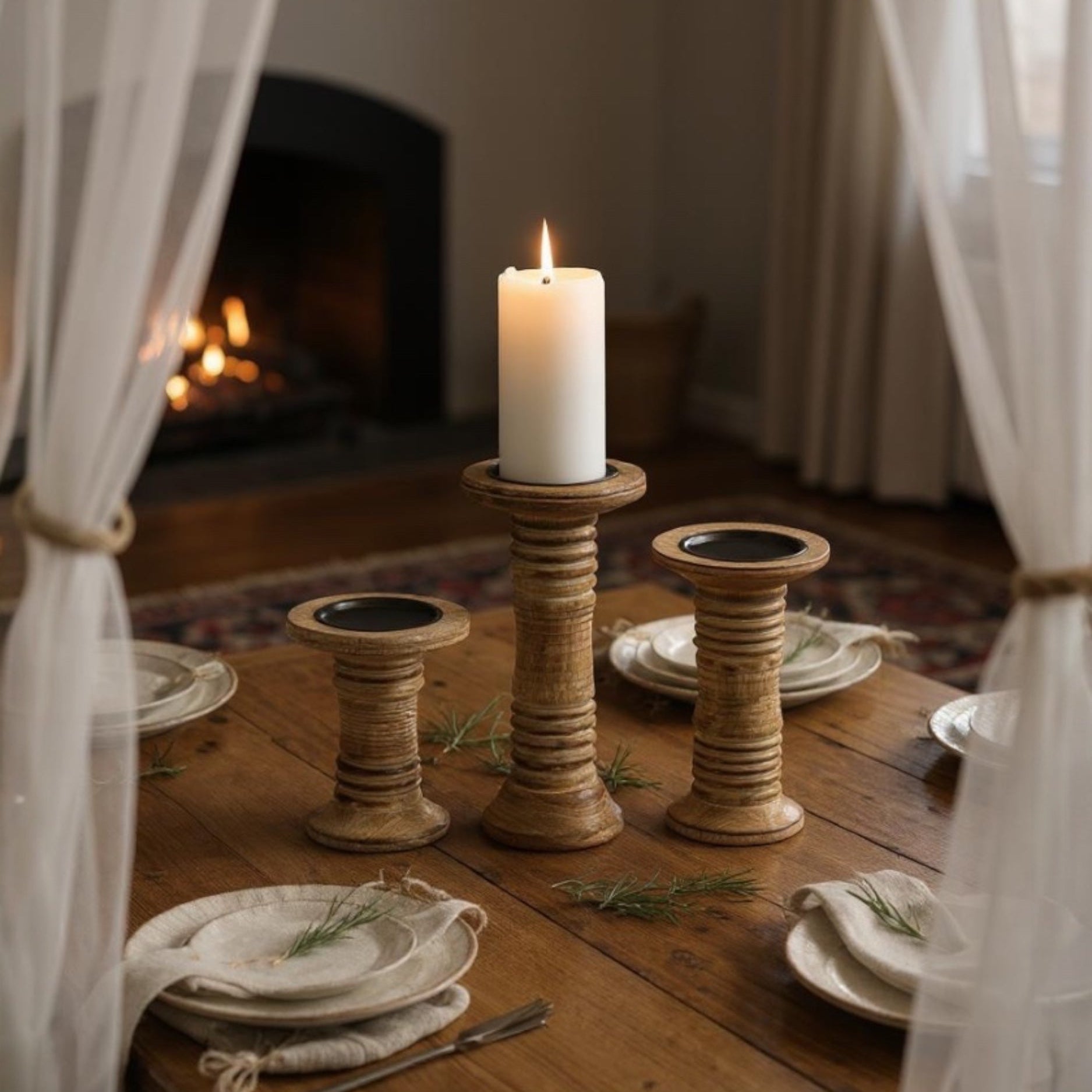 Ribbed Wooden Pillar Candle Holder