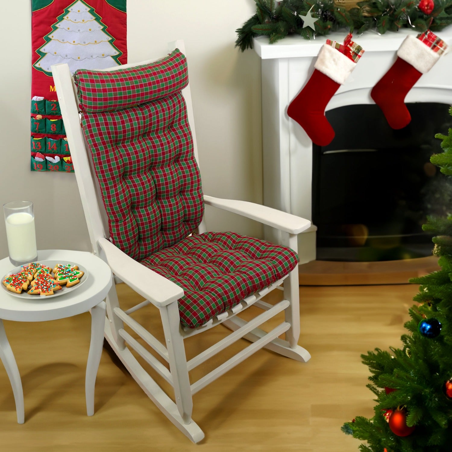 christmas rocking chair cushions on white rocker with christmas tree