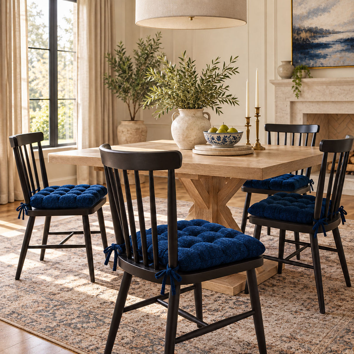 Chenille Rib Navy Blue Dining Chair Pad with Ties - Latex Foam Fill