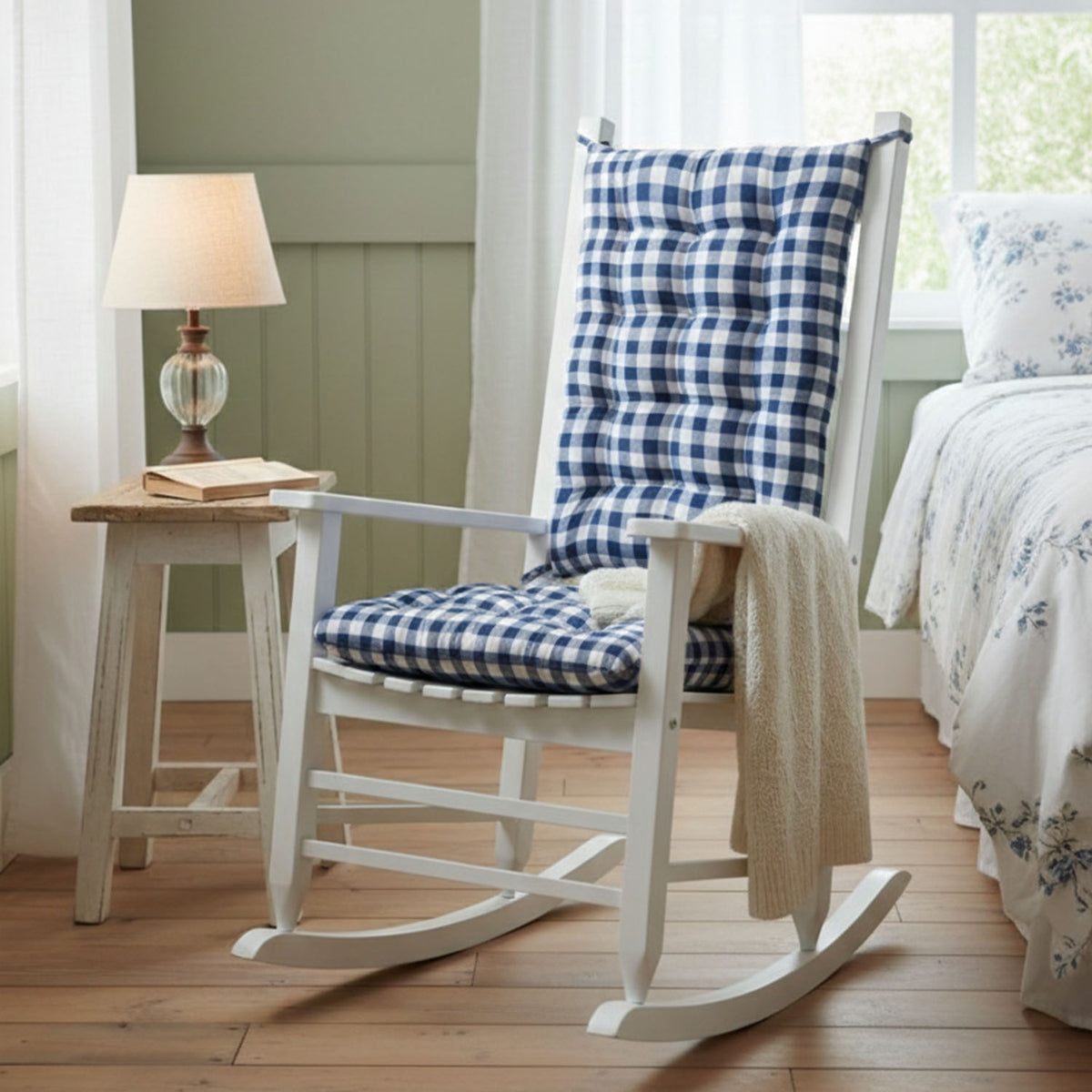 Classic Check Blue Rocking Chair Cushions - Made in USA - 100% Cotton