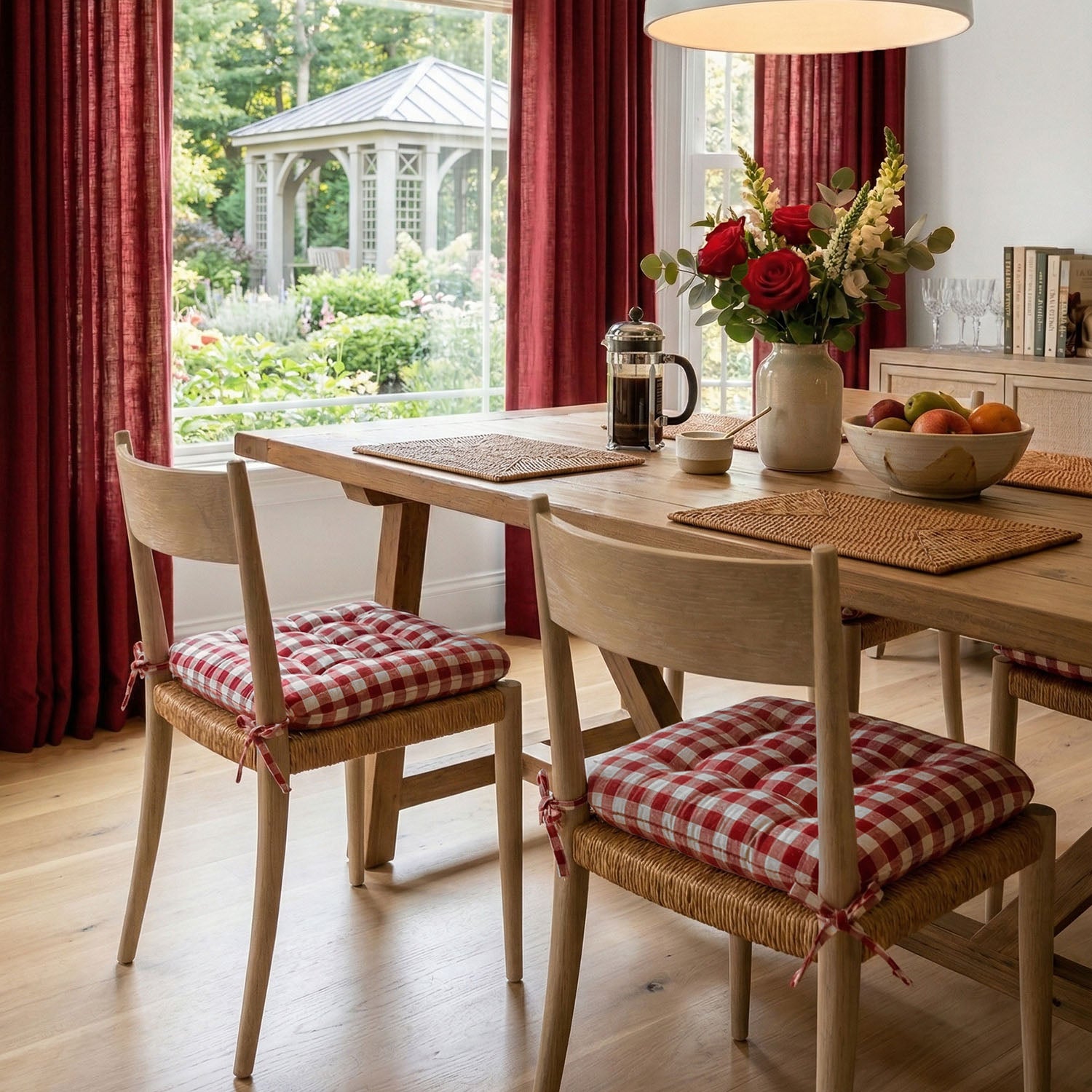 Classic Check Red Dining Chair Pads - Latex Foam Fill