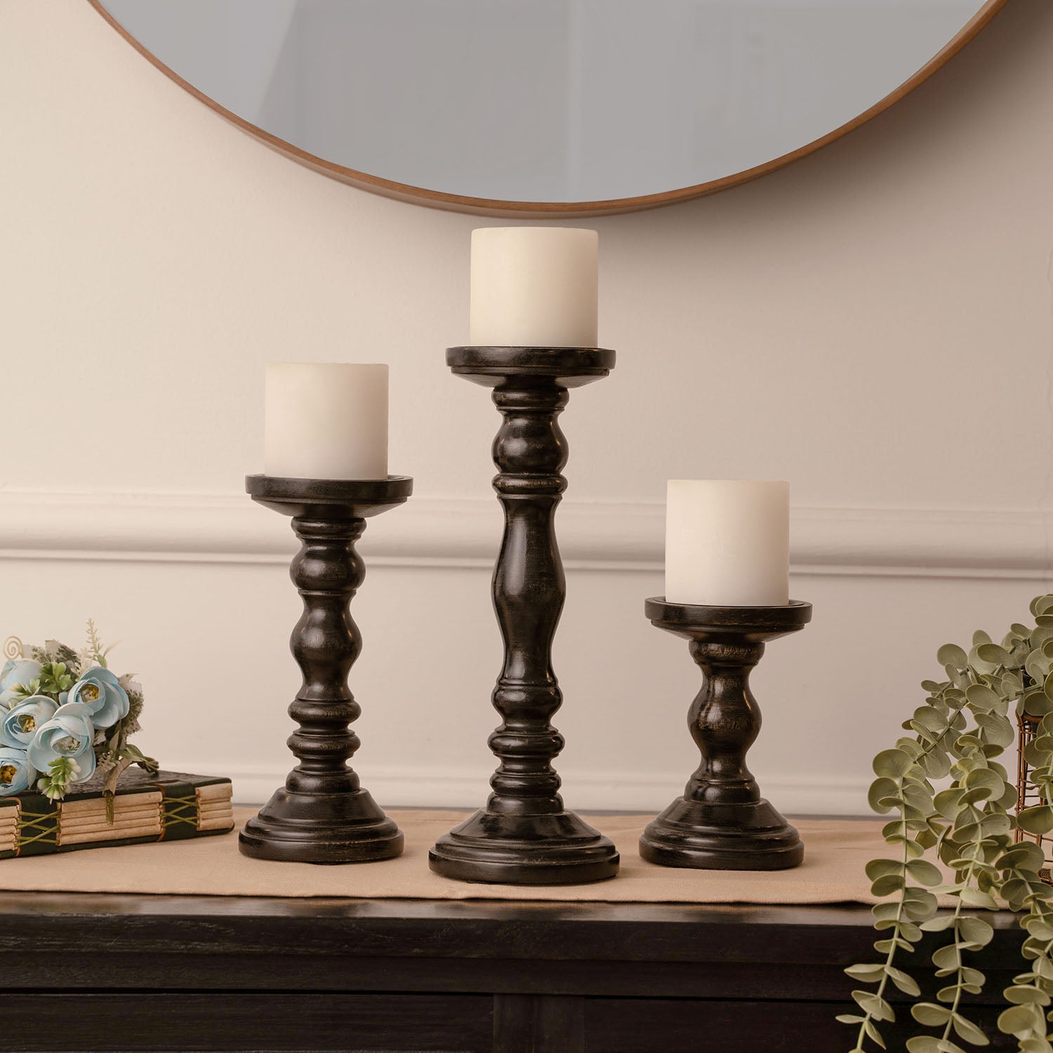 Black Rustic Wooden Candle Holders - Set of 3 - 6", 9", 12"