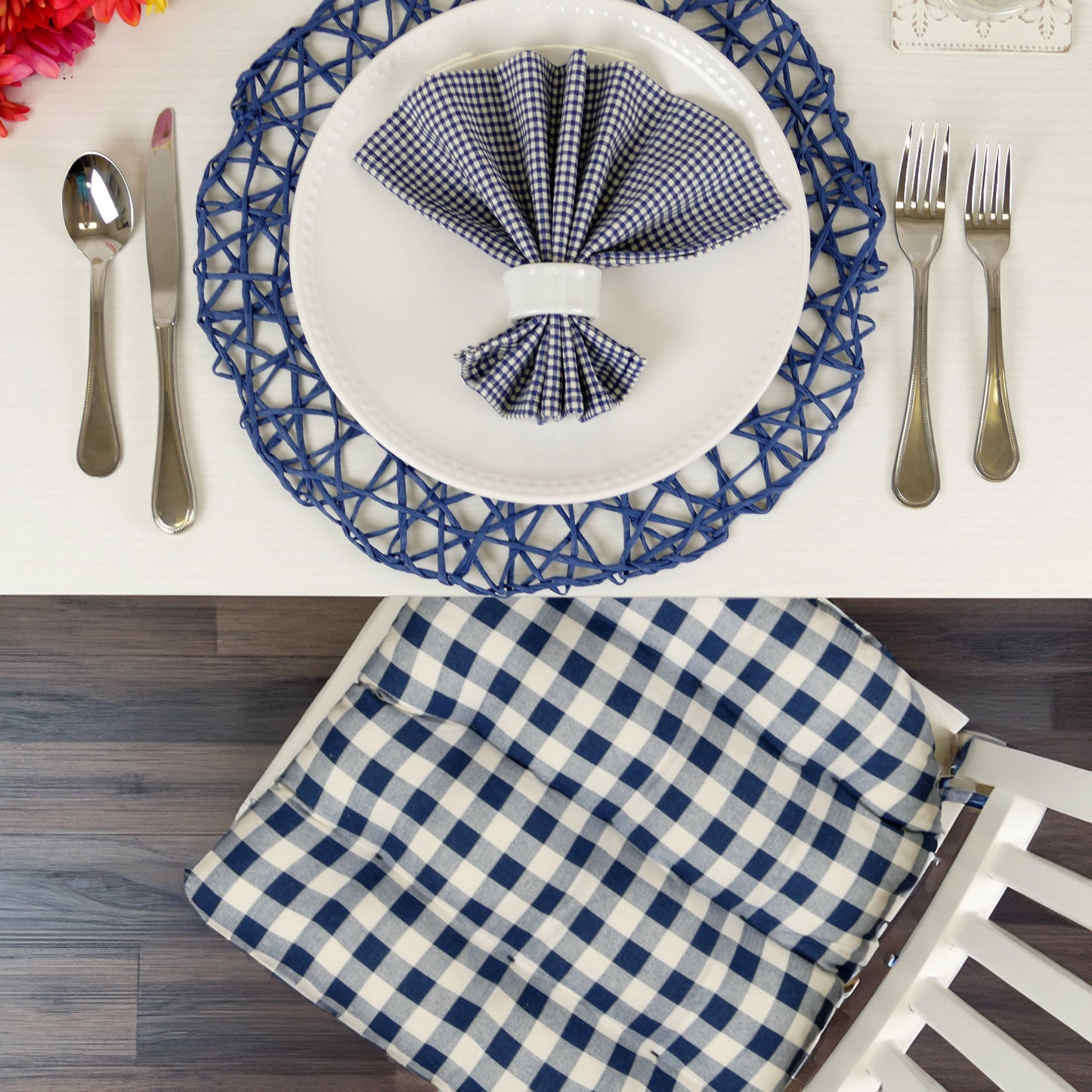 Classic Check Navy Blue Dining Chair Pads - Latex Foam Fill, Reversible - Made in USA