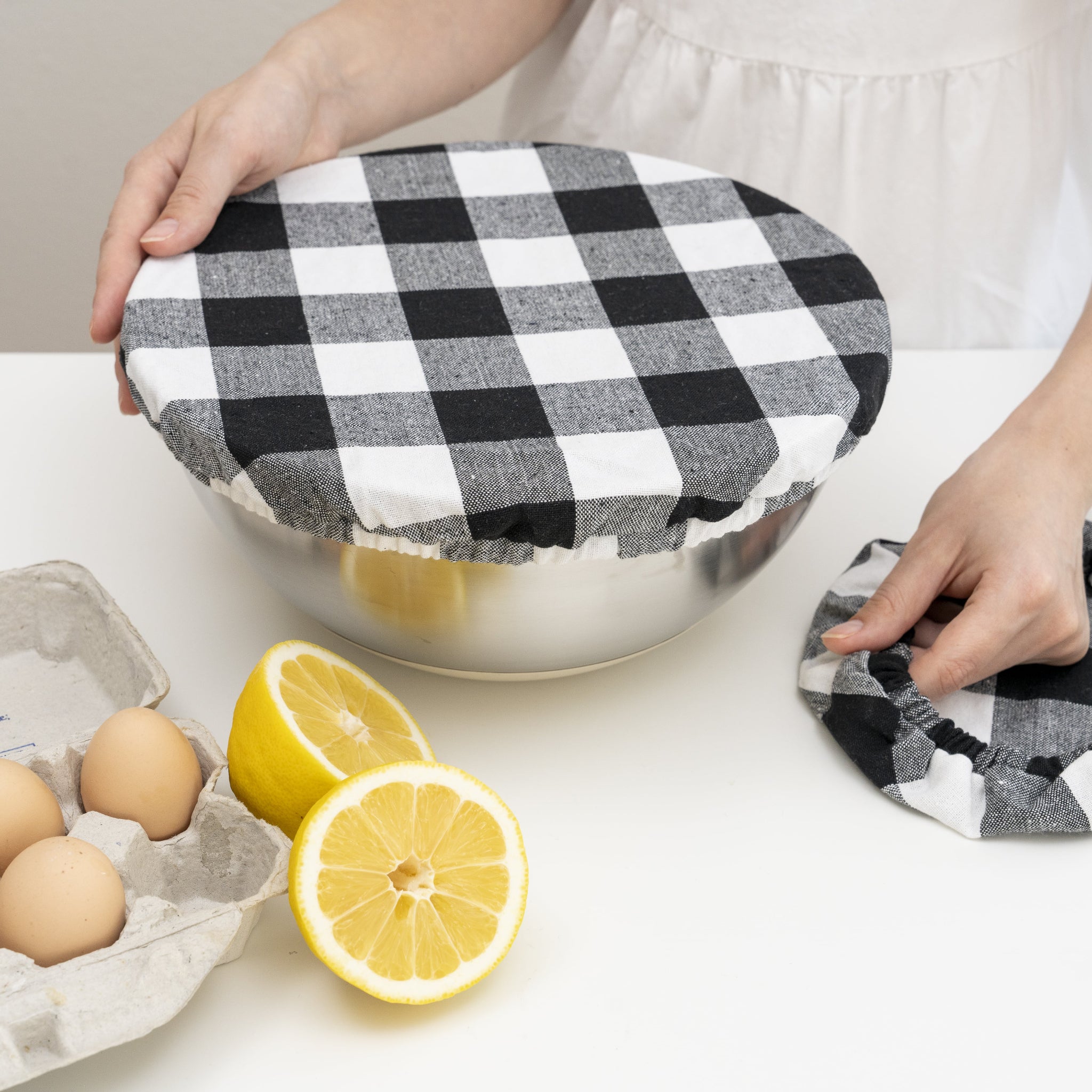 Reusable Fabric Bowl Covers - Flax Linen - Classic Check