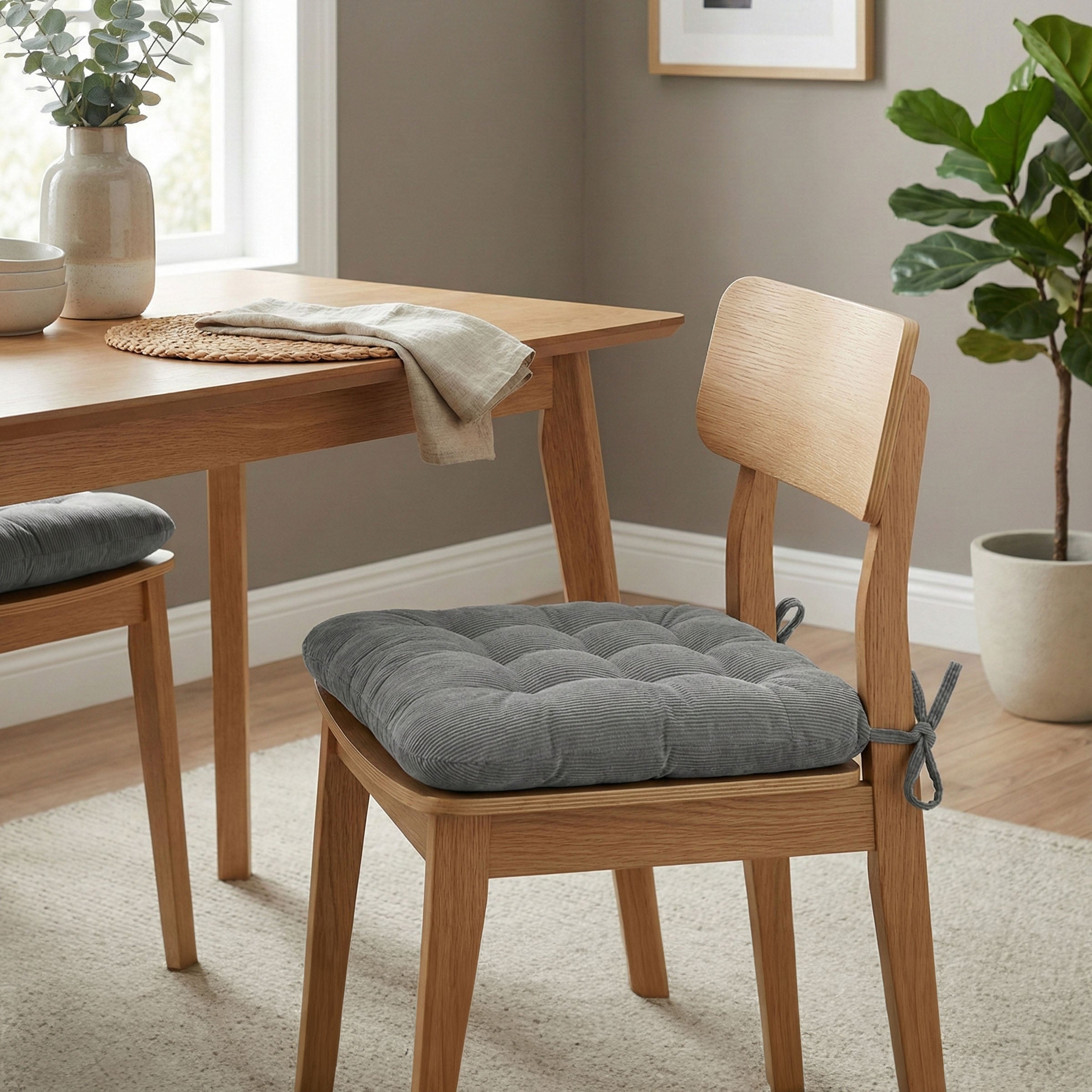 grey corduroy dining chair cushion in mid-century modern dining room