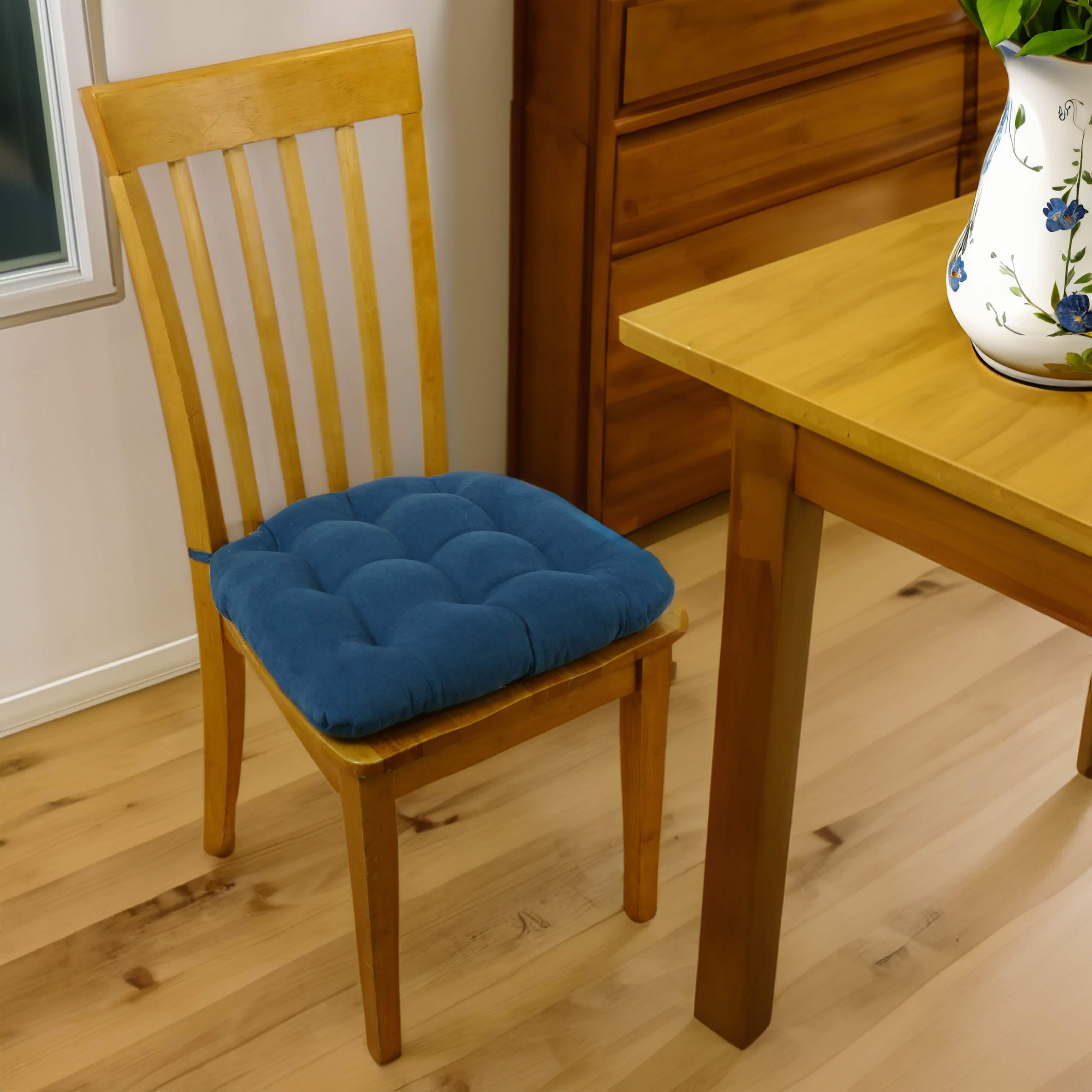 Corduroy Colonial Blue Dining Chair Pad - Never Flatten Chair Cushion Slate Blue