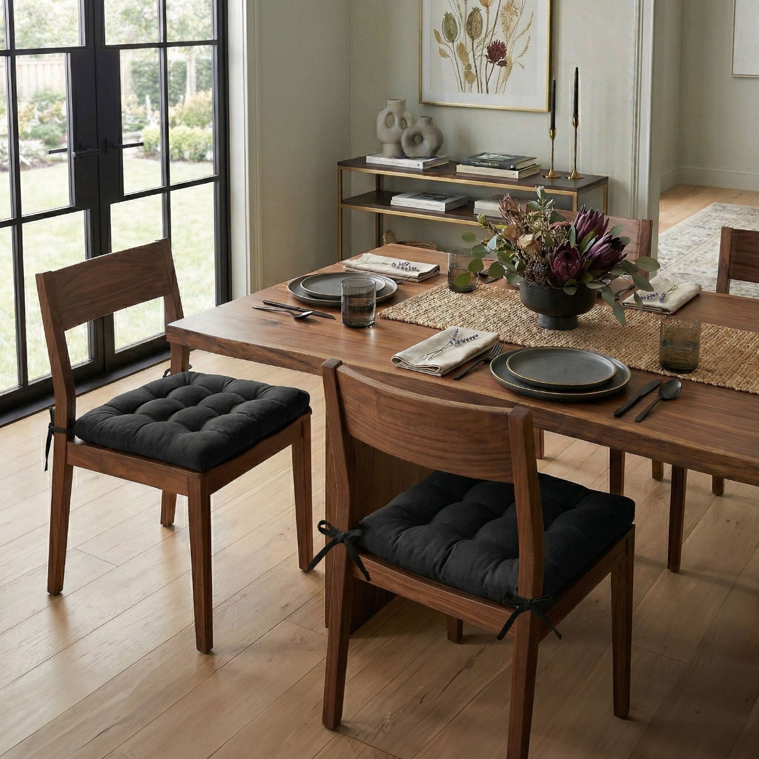 black dining chair cushions on wooden seats