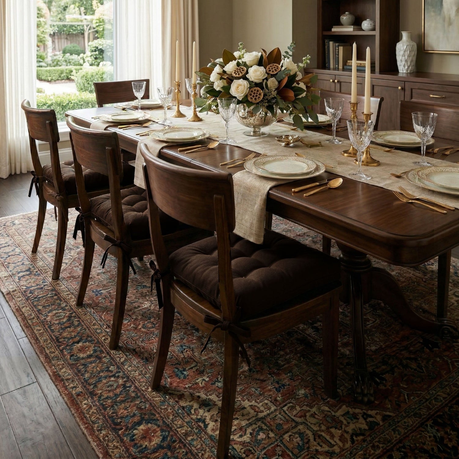 brown dining room chair cushion in formal dining room on mid-century dining chairs