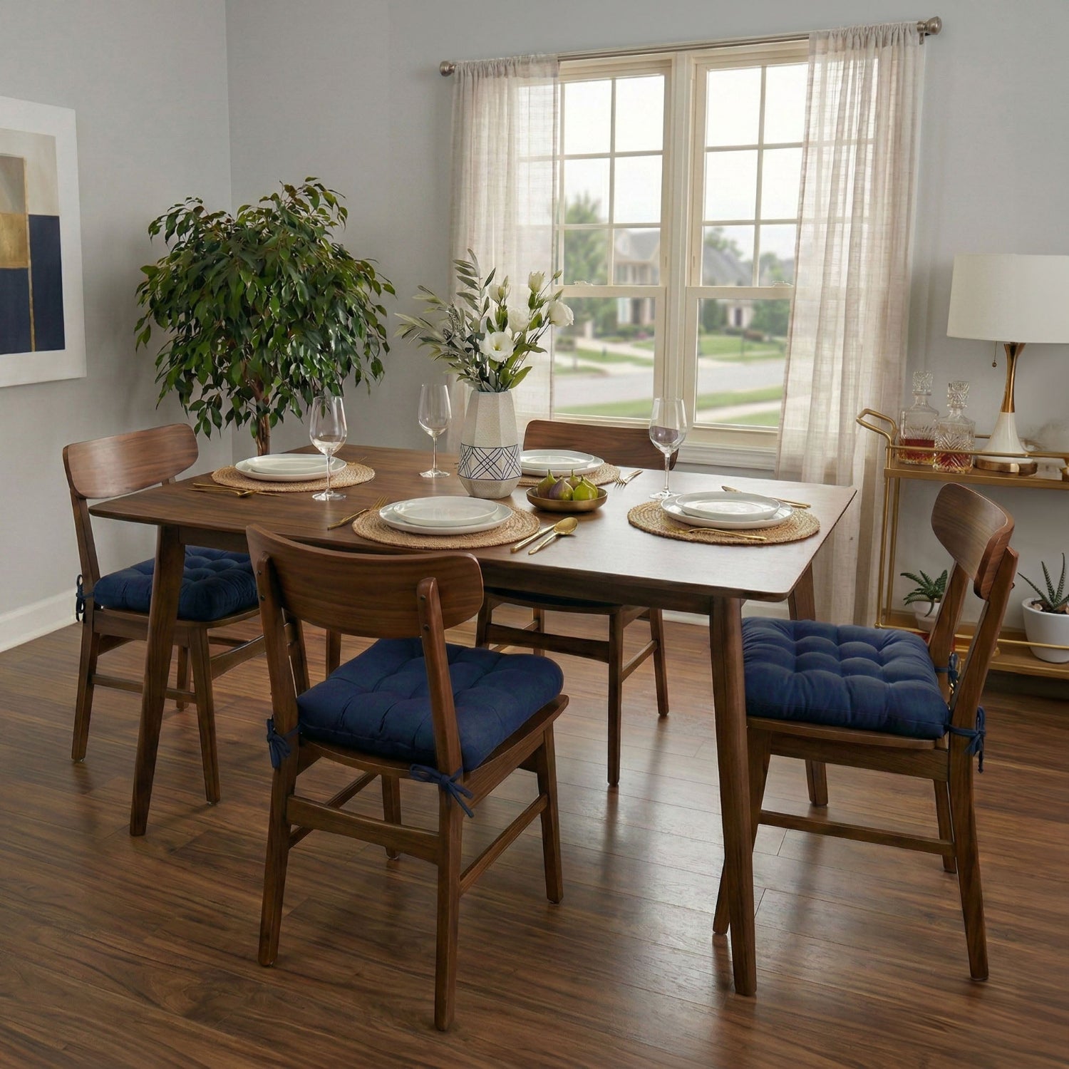 Cotton Duck Navy Blue Solid Color Dining Chair Pads  - Latex Foam Fill - Reversible