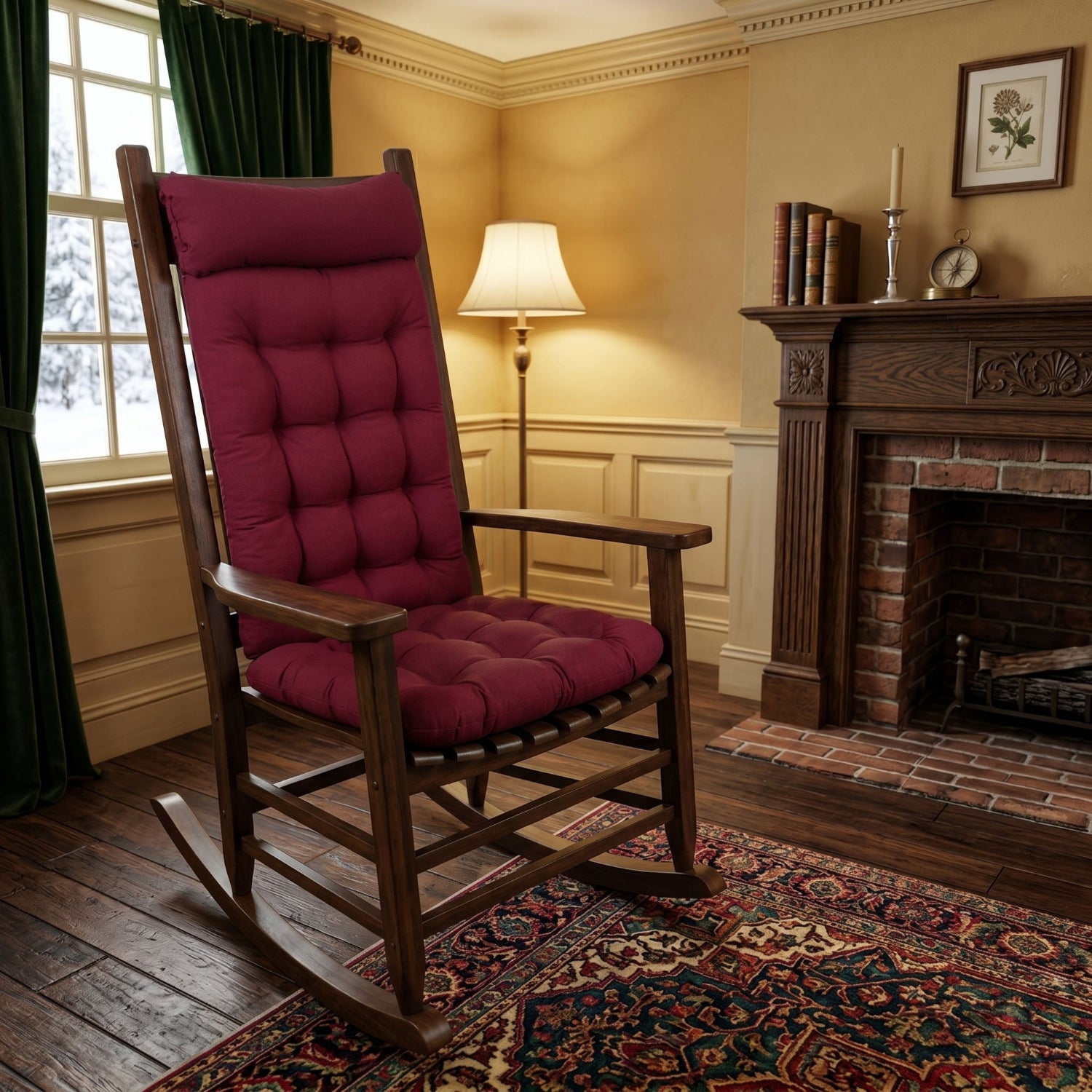 wine red rocking chair cushions on a wooden rocking chair in a traditional living room by the fireplace
