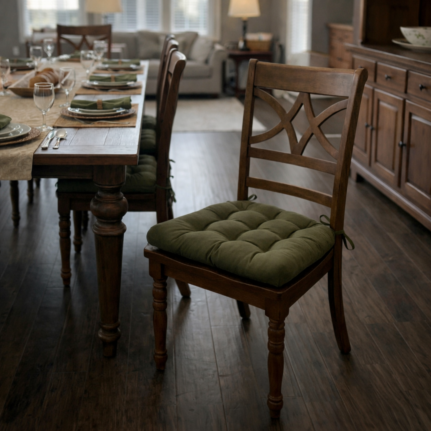 green cotton dining room chair cushion in formal dining room