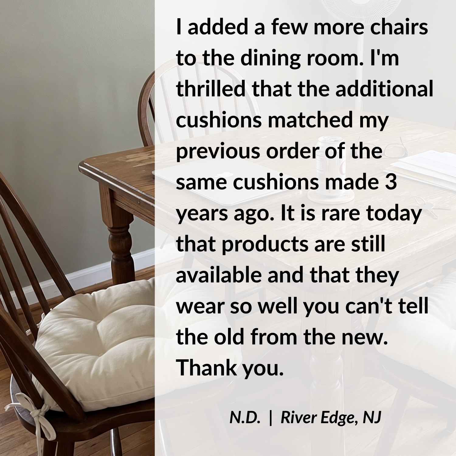 a thick dining chair cushion in white cotton on a windsor chair at the dining room table with barnett customer reviews