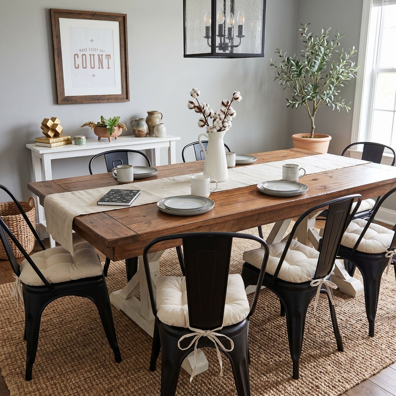 white cotton cushions for metal farmhouse chairs in rustic farmhouse dining room
