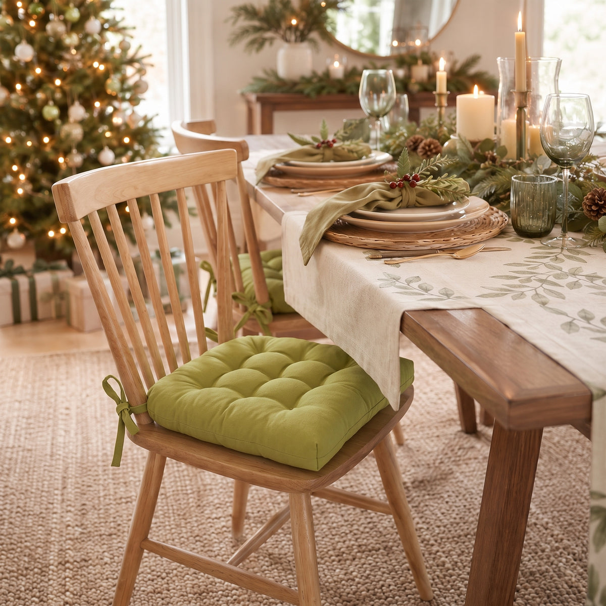 Cotton Duck Pear Green Solid Color Dining Chair Pad - Latex Foam Fill - Reversible