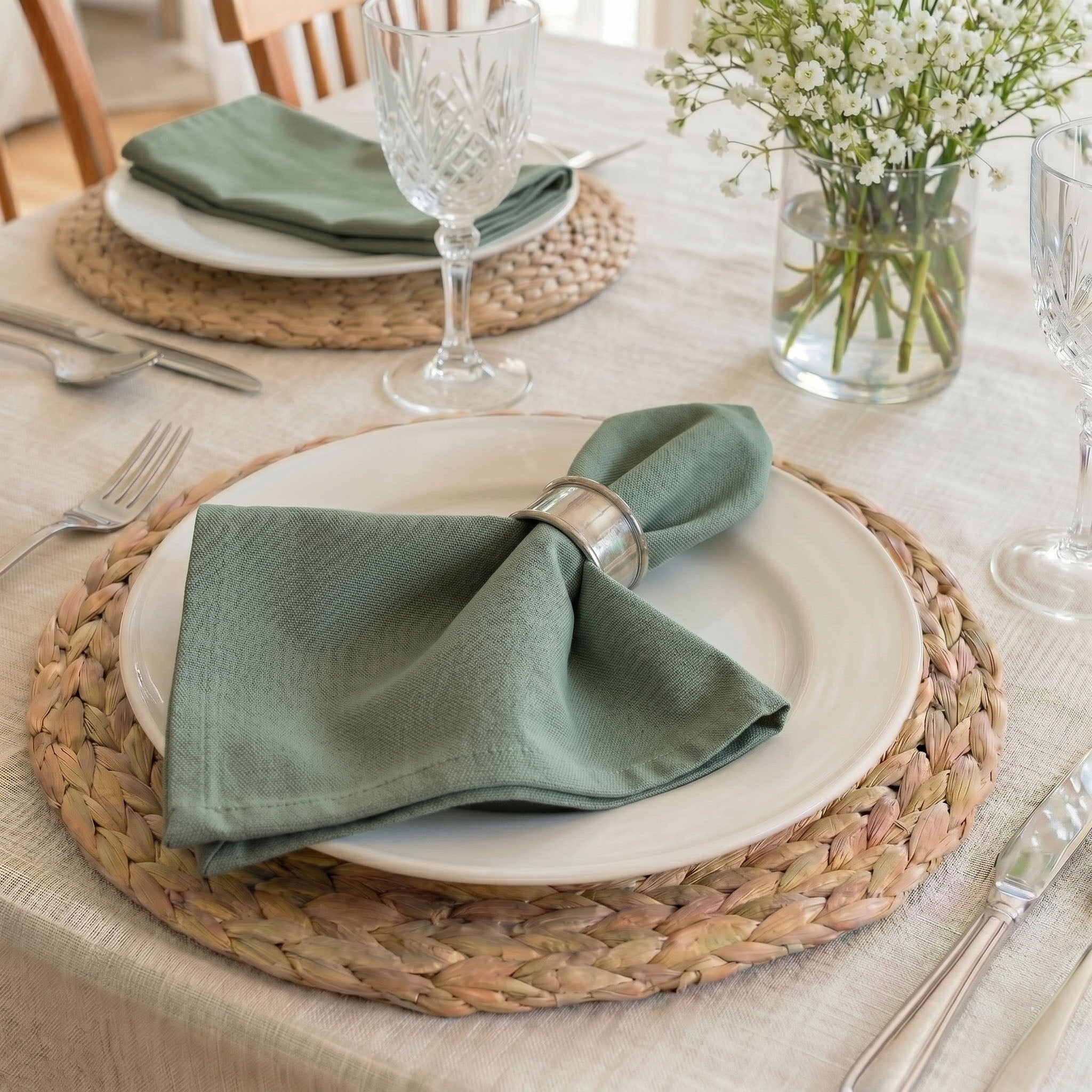 Cotton Duck Thyme Green Cloth Napkins - Set of 8