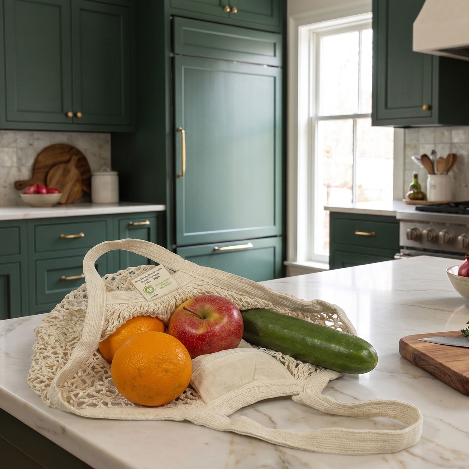 A cream-colored mesh and canvas reusable grocery bag filled with fruits and a cucumber sits on a marble kitchen counter in a green cabinetry kitchen.