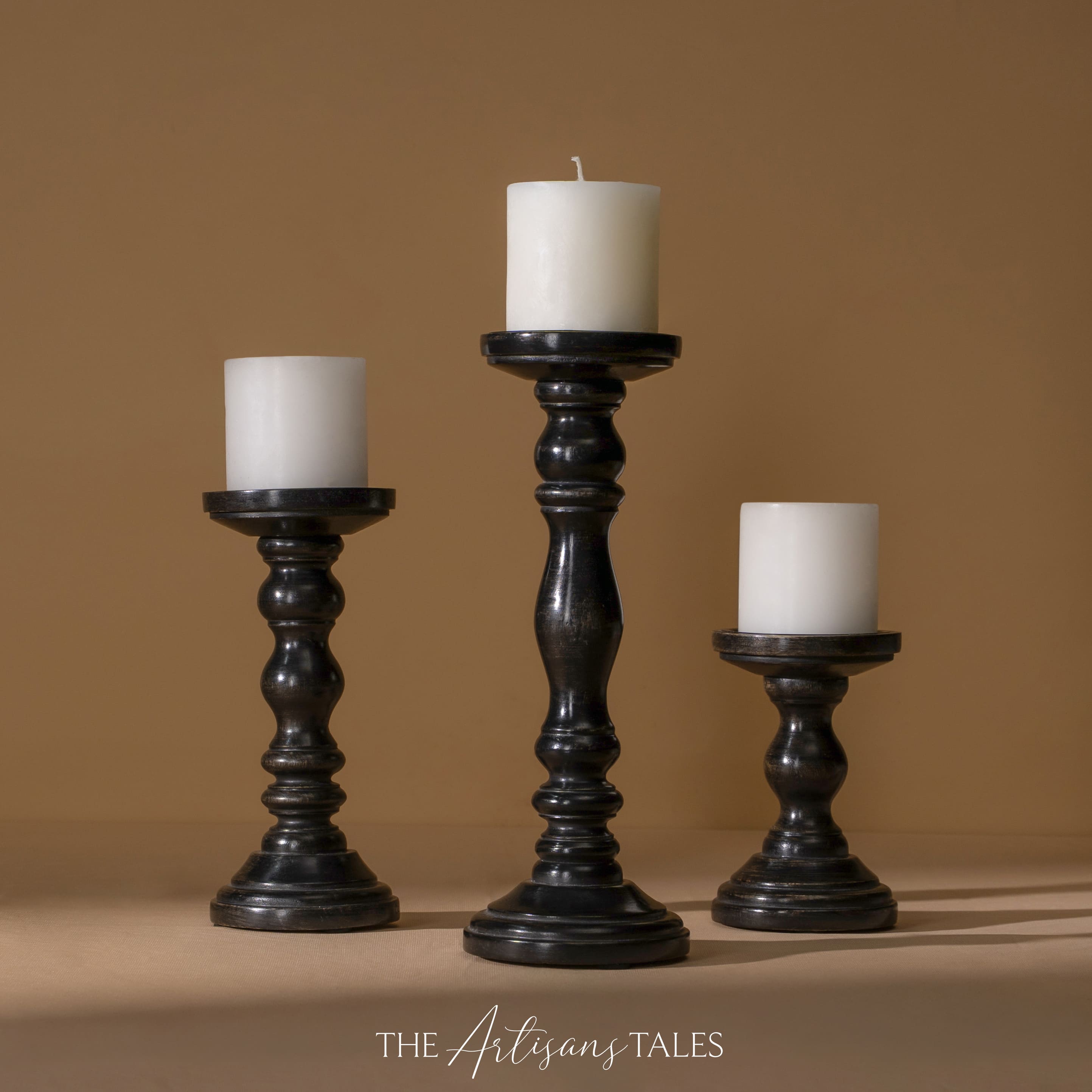 Black Rustic Wooden Candle Holders - Set of 3 - 6", 9", 12"