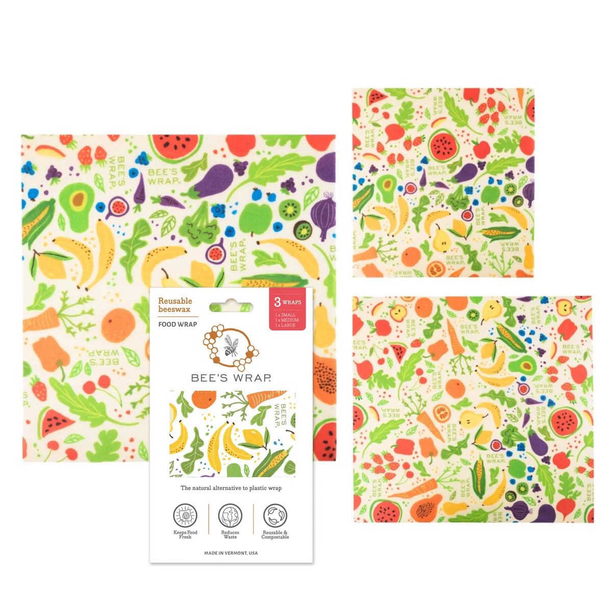 Bee's Wrap Food Storage - Waxed Cotton Cloth, 3-Pack