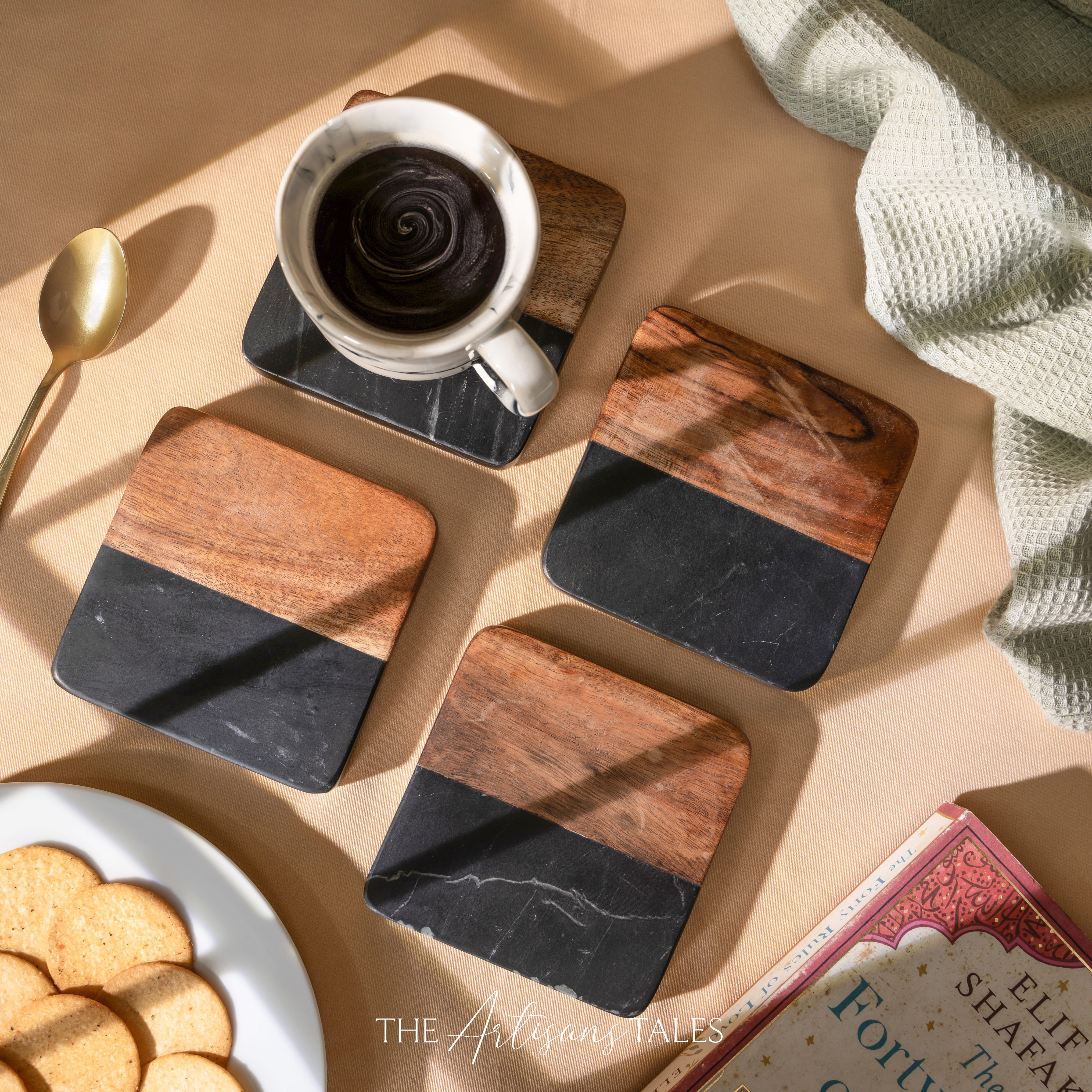 Black Artisan Marble & Wood Coasters - Set of 4, Square