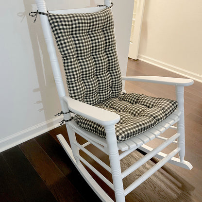 farmhouse check black and white rocking chair cushions on white rocker - barnett home decor