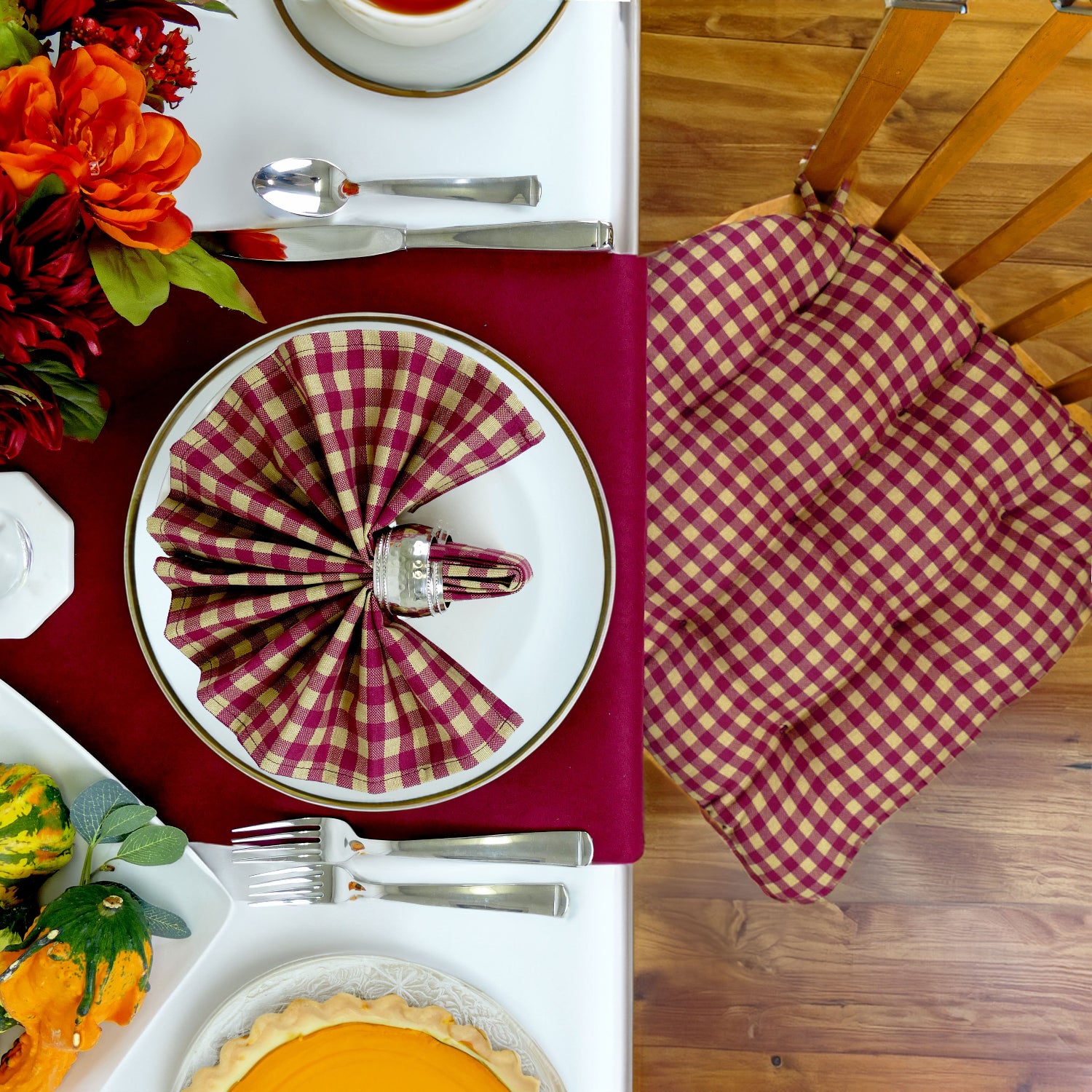 Farmhouse Check Dark Red & Tan Dining Chair Pads - Latex Foam Fill