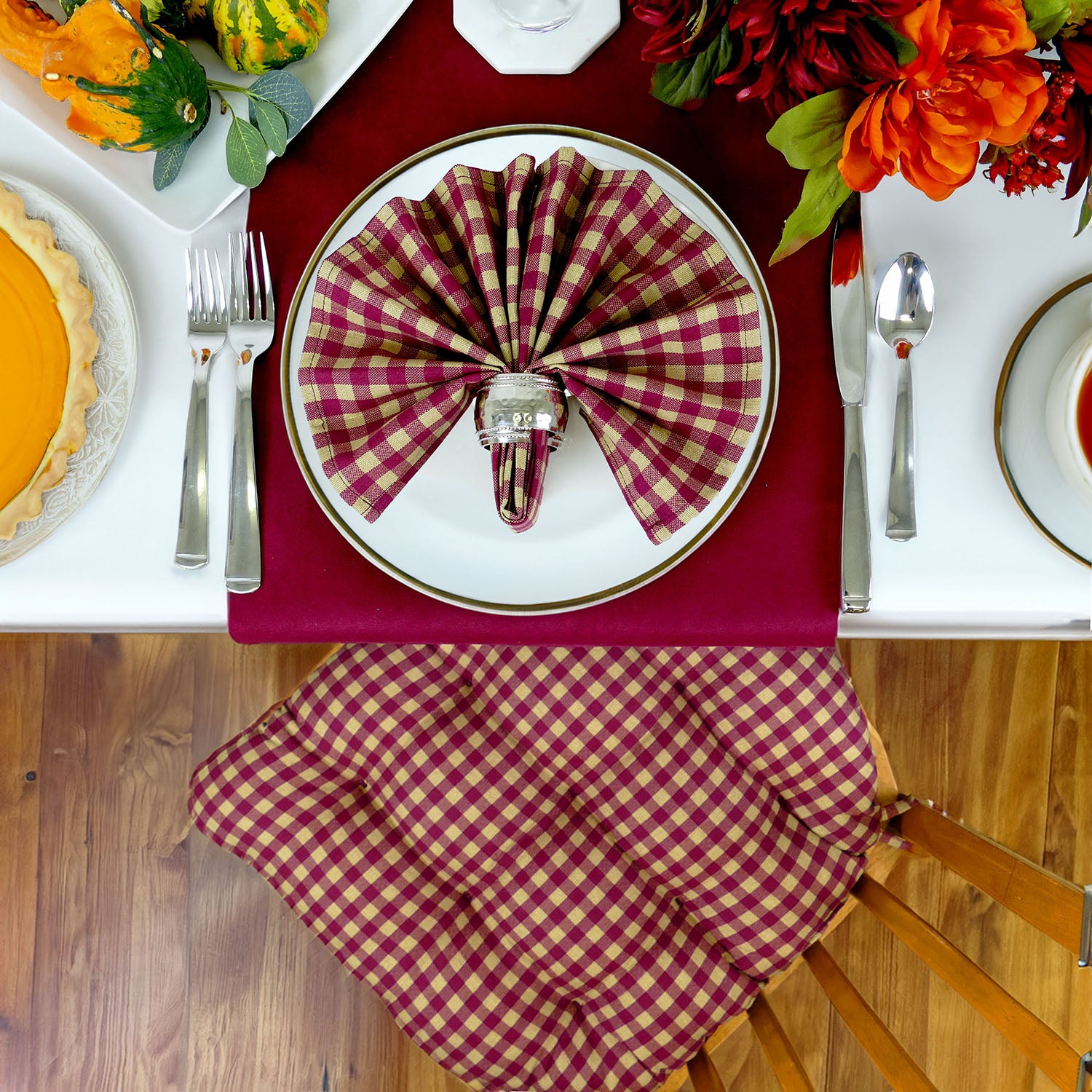 Farmhouse Check Dark Red & Tan Dining Chair Pads - Latex Foam Fill