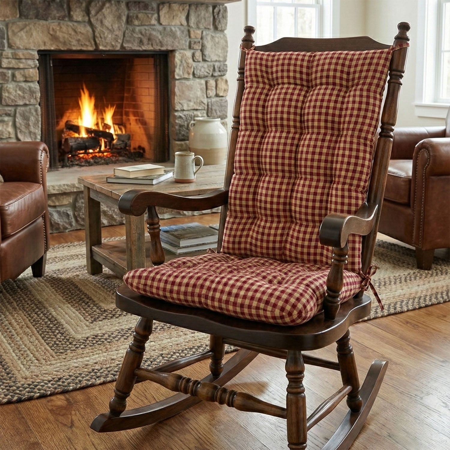 Farmhouse Check Dark Red & Tan Checkered Rocking Chair Cushions - Latex Foam Fill