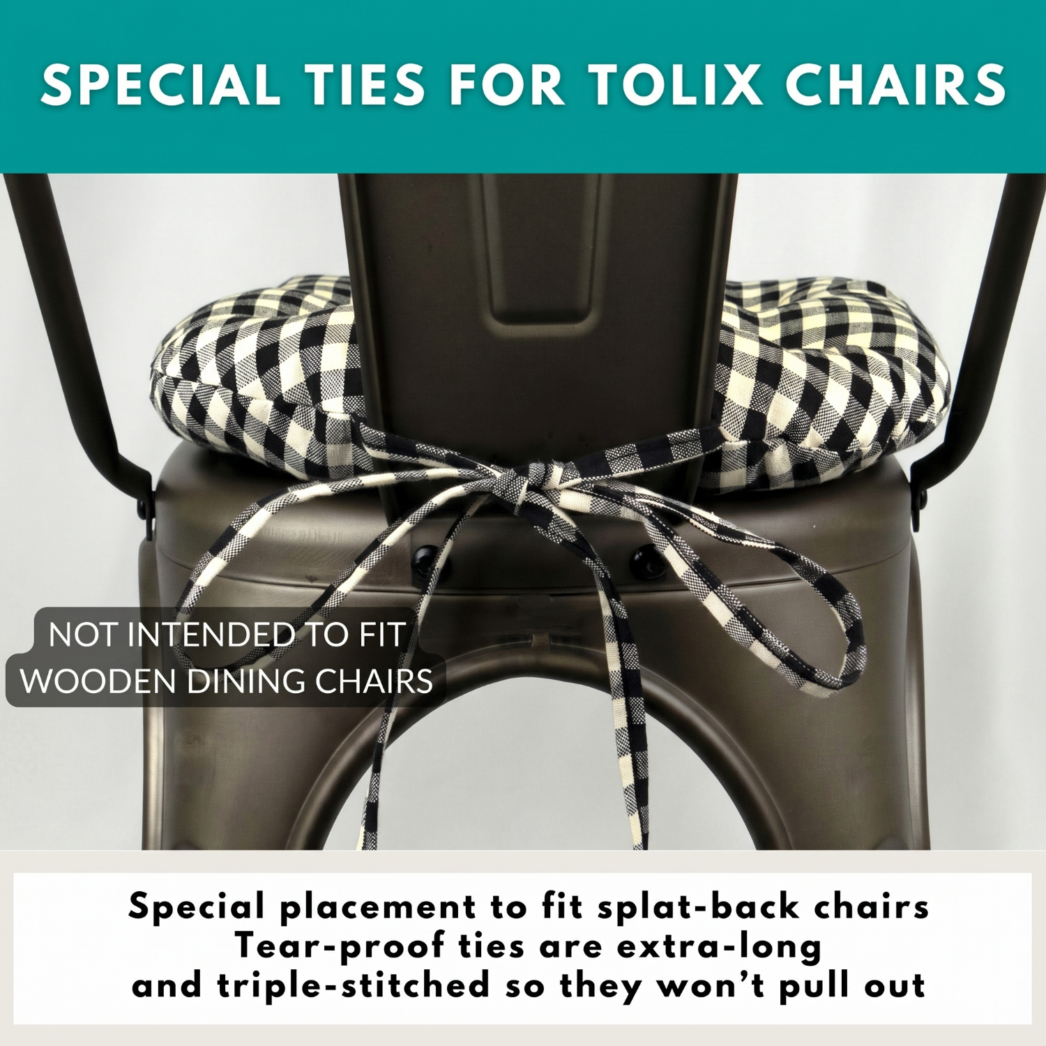 Tolix chair with checkered cushion and tie, text indicating special ties for Tolix chairs.