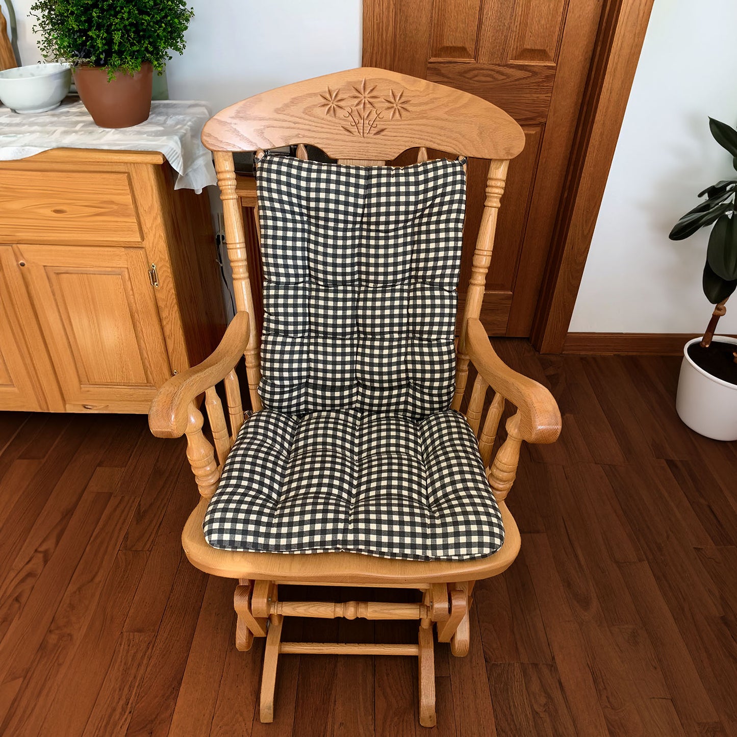 Farmhouse Check Black & White Checkered Rocking Chair Cushions - Latex Foam Fill