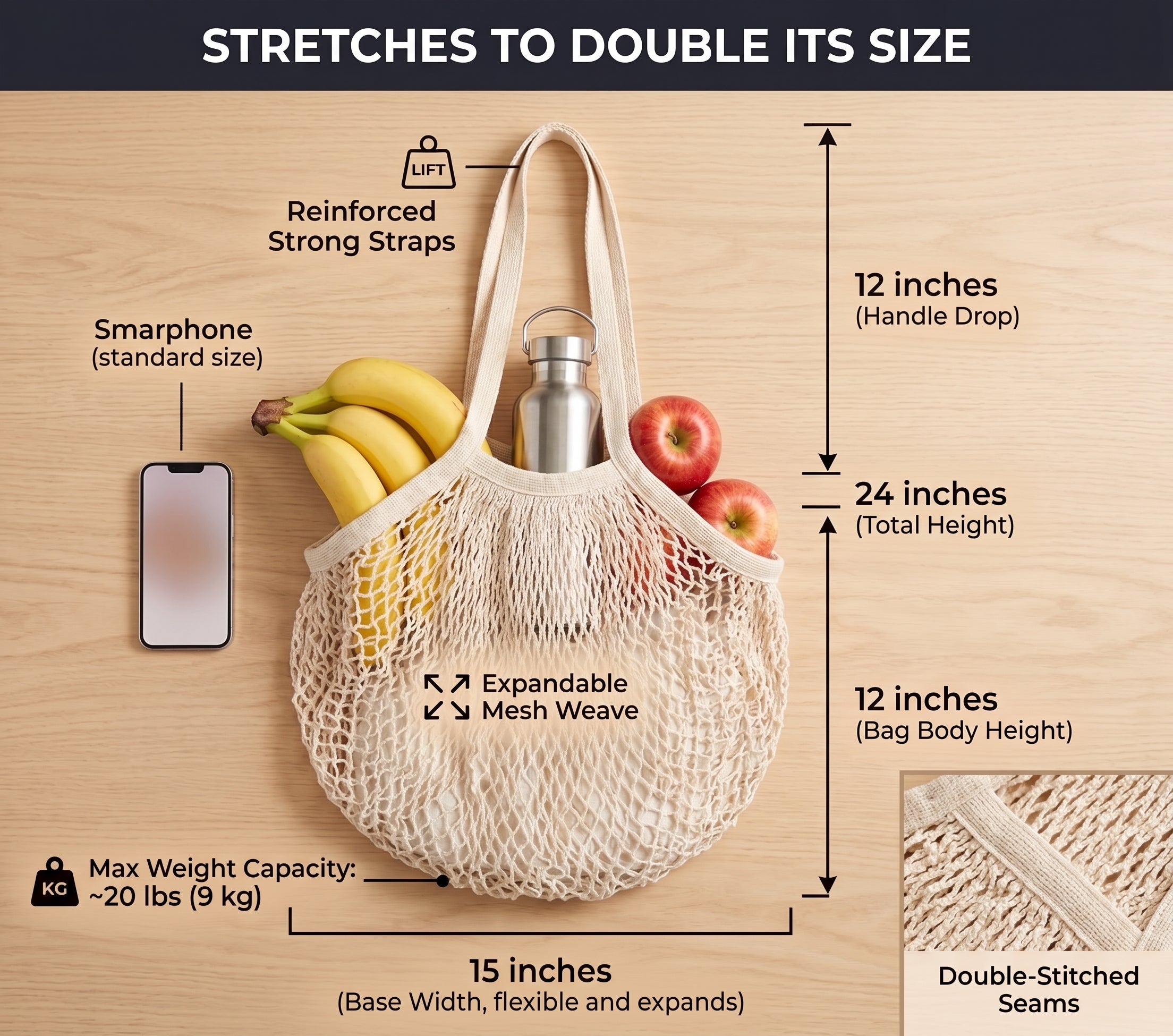 French Market Bags - 100% Organic Cotton Reusable Mesh Shopping Bags