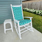aqua rocking chair cushions in quatrefoil pattern on white porch rocker outside on the patio