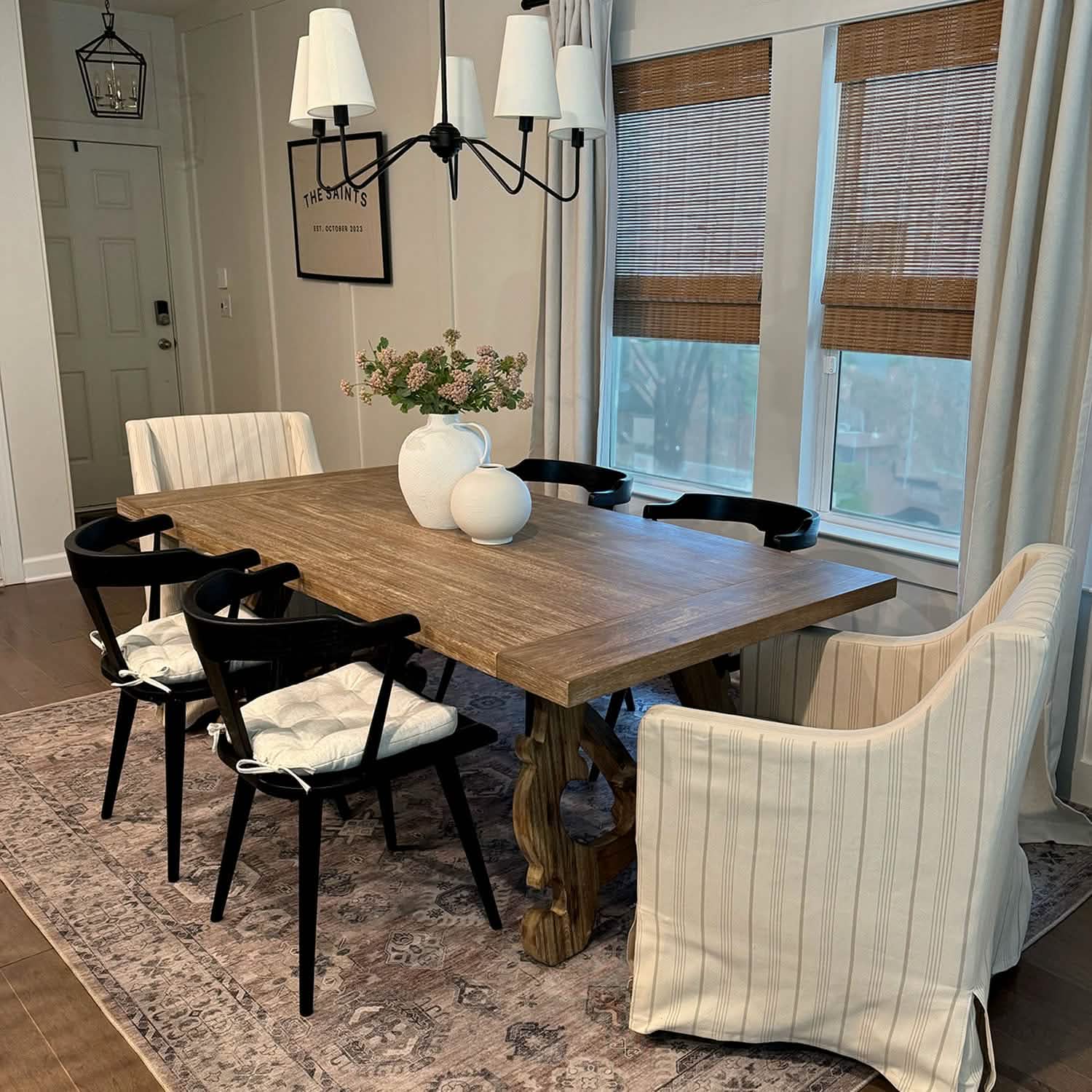 Granite Natural dining chair cushions styled on wooden dining chairs in home setting