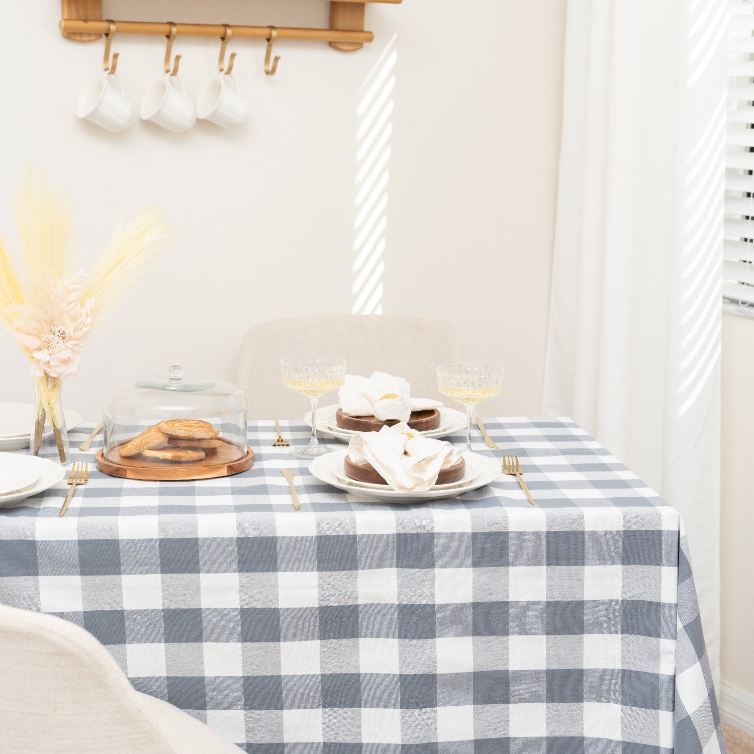 Checkered Plaid Tablecloth - Grey - 100% Cotton, Machine Washable