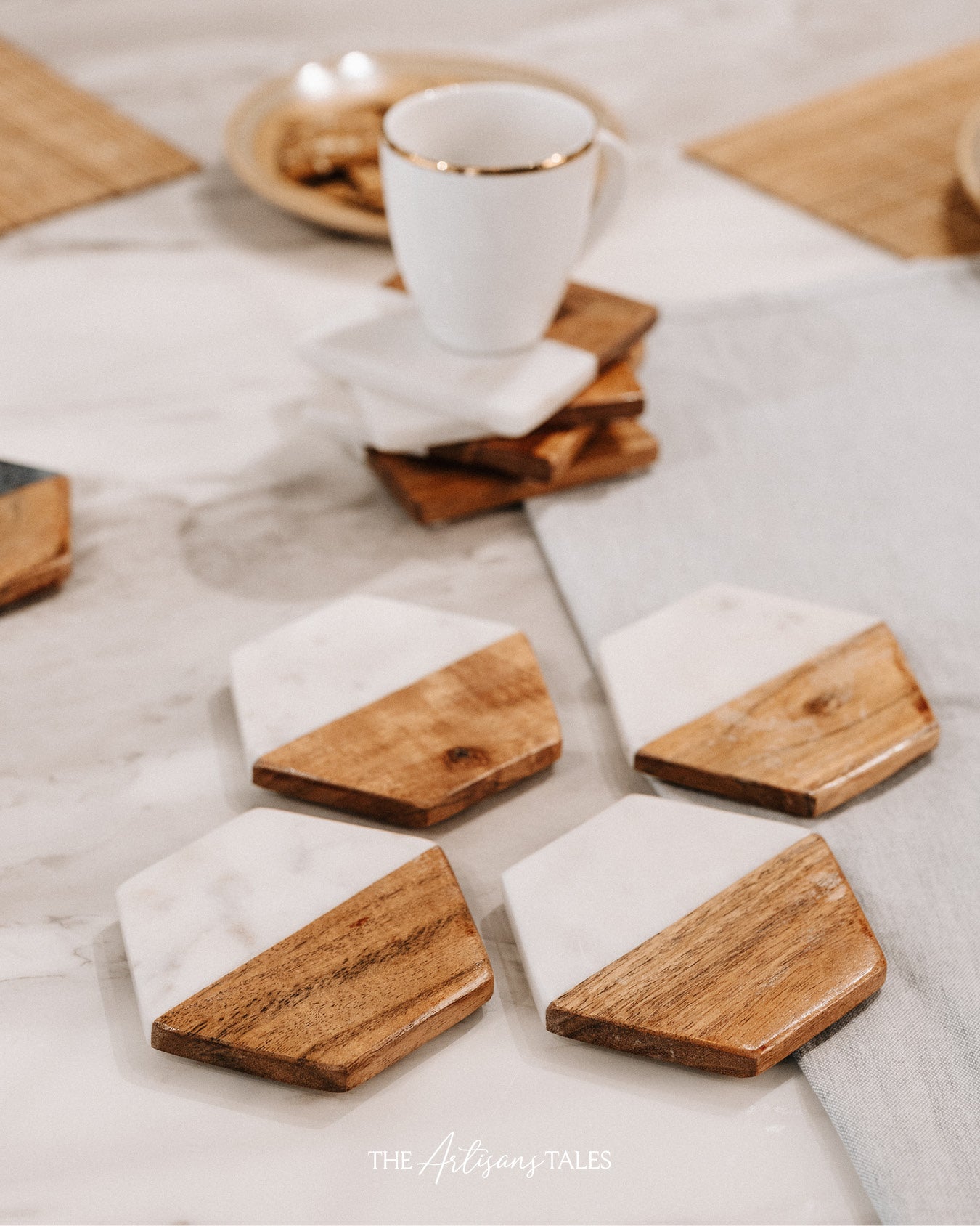 White Marble & Wood Coasters - Set of 4, Hexagon