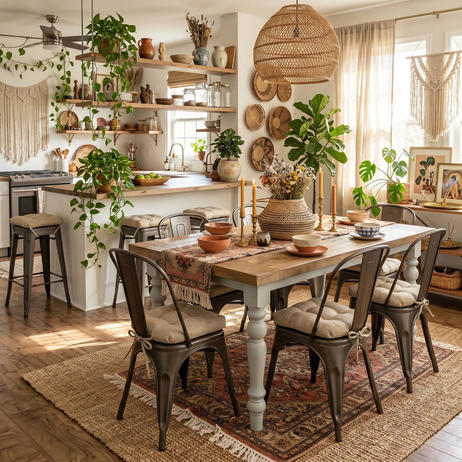 boho dining room with neutral tolix chair cushions for metal chairs