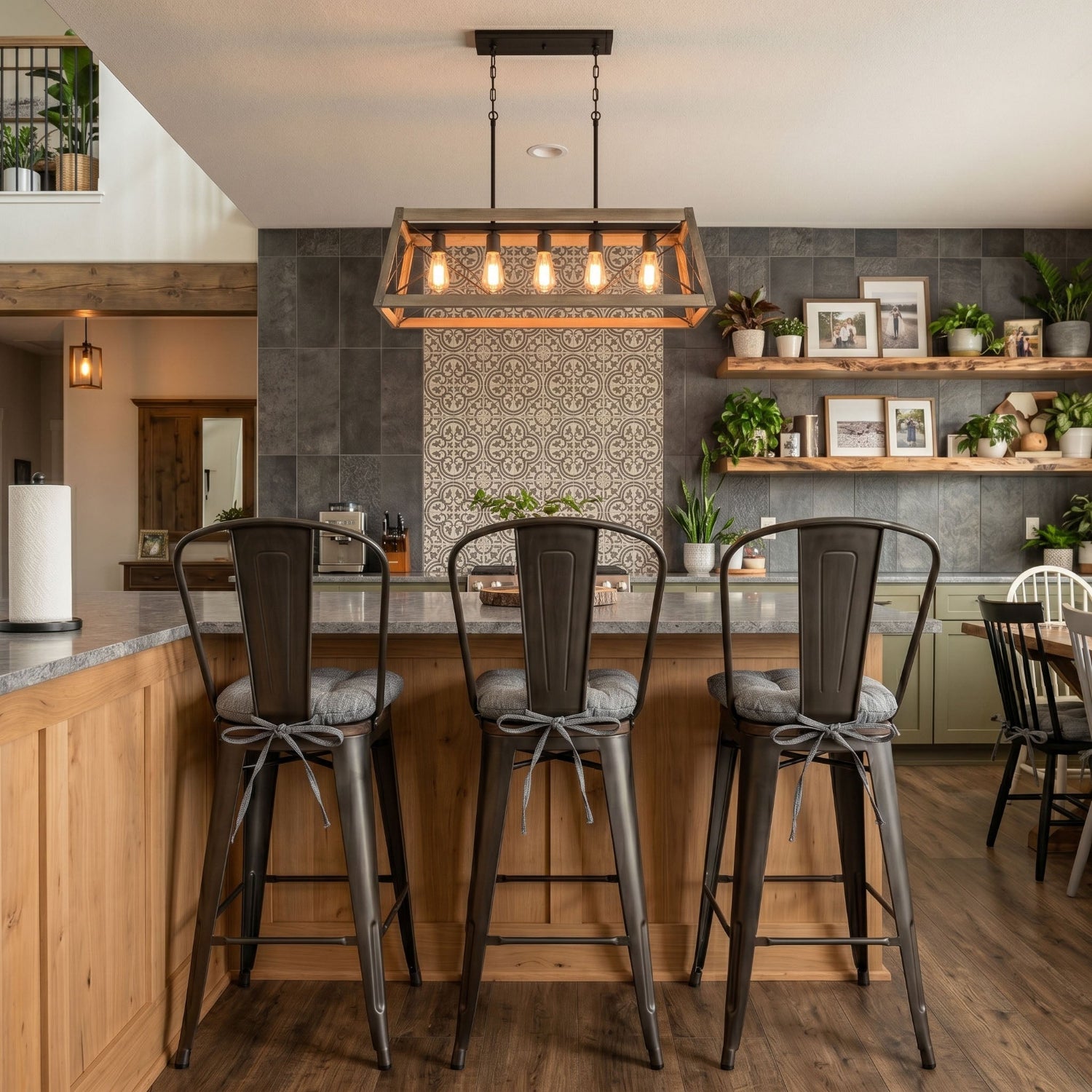 hayden grey industrial chair cushions on black metal bar height chairs at kitchen island